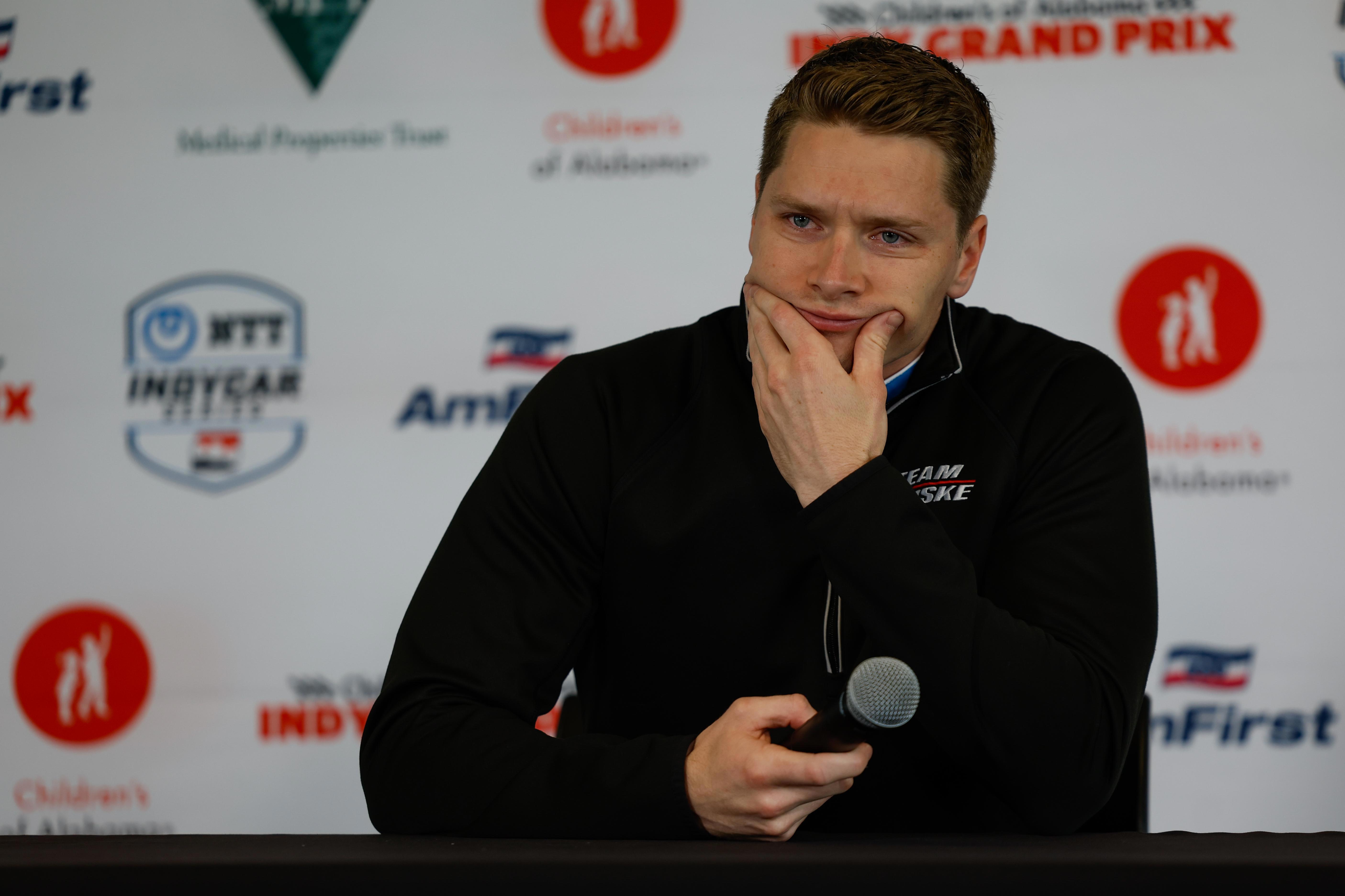 Josef Newgarden speaks to the media at a press conference at Barber Motorsports Park.