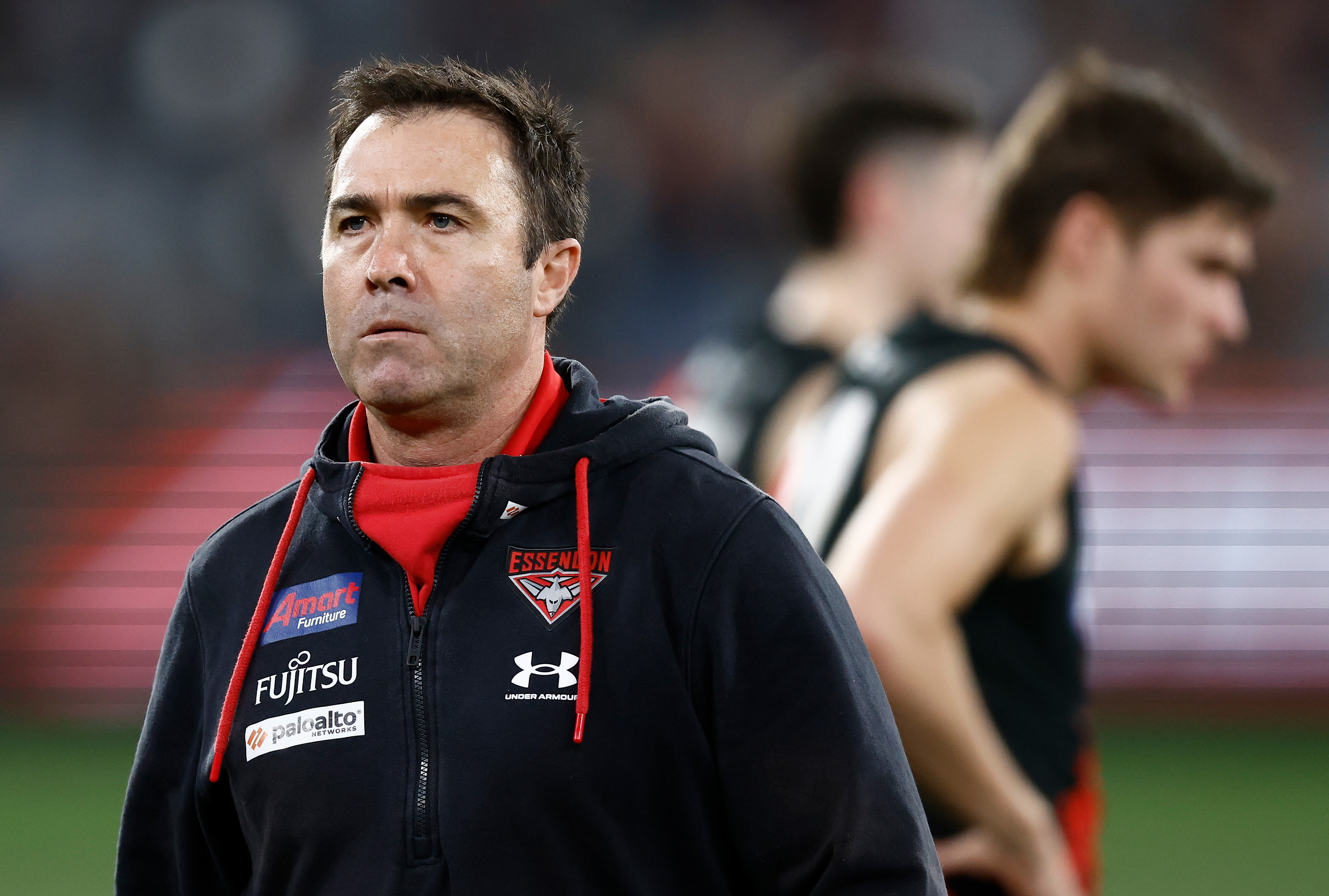 MELBOURNE, AUSTRALIA - AUGUST 25: Brad Scott, Senior Coach of the Bombers looks on during the 2023 AFL Round 24 match between the Essendon Bombers and the Collingwood Magpies at Melbourne Cricket Ground on August 25, 2023 in Melbourne, Australia. (Photo by Michael Willson/AFL Photos via Getty Images)