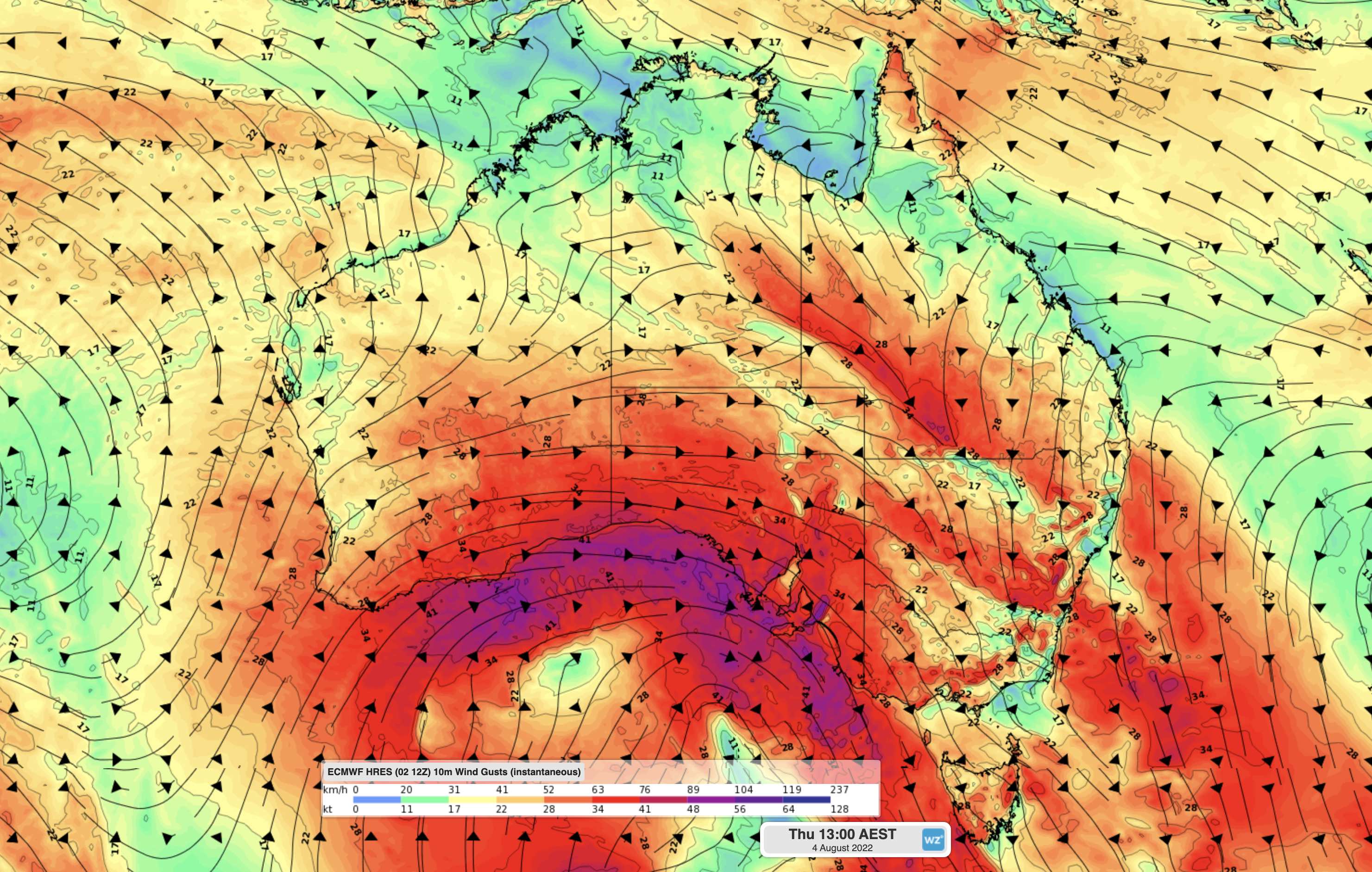 Forecast wind gust speed and direction at 1pm AEST on Thursday, according to the ECMWF-HRES model.