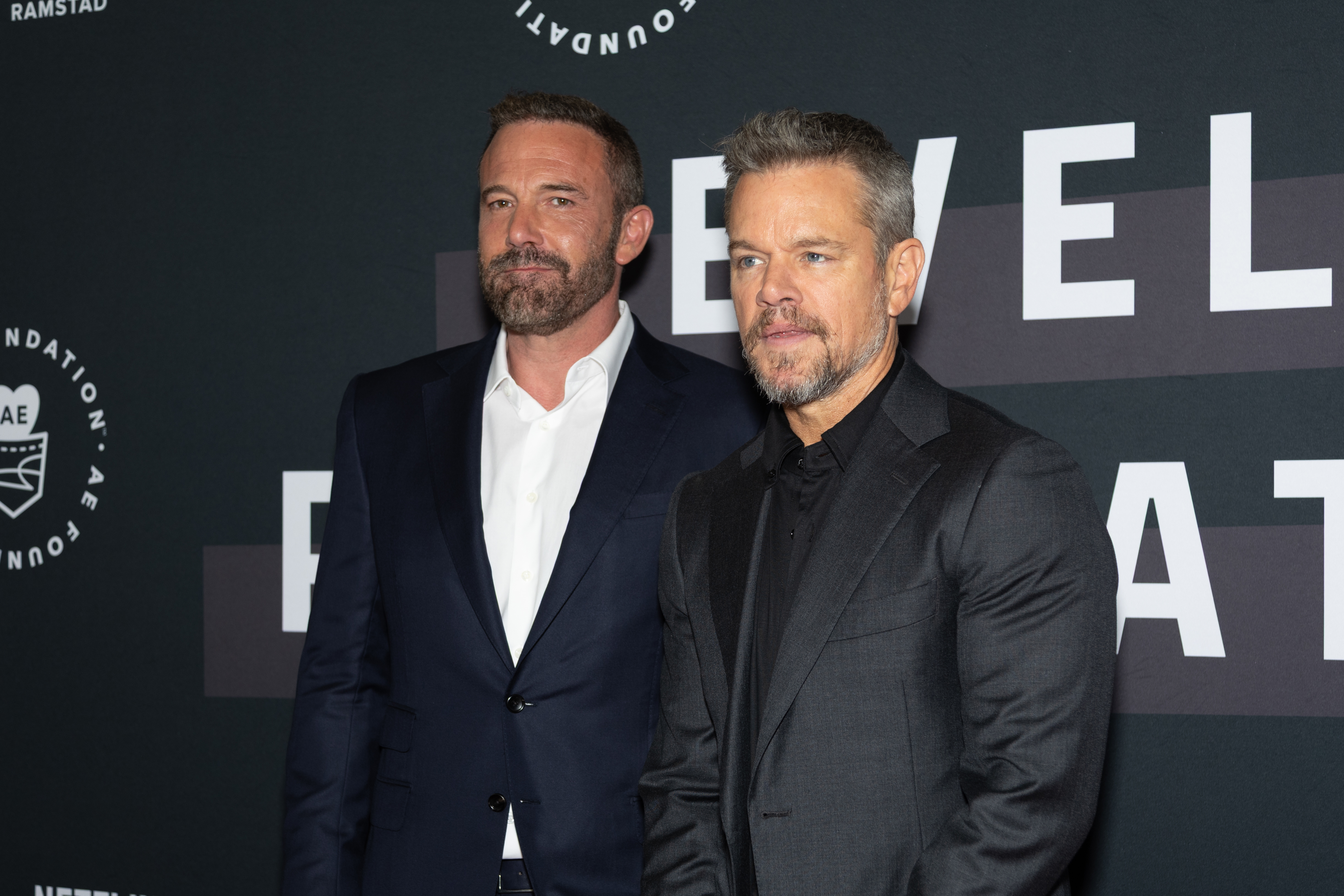  Ben Affleck and Matt Damon arrive at Bring Change to Mind Revels And Revelations Celebration at Fort Mason Center for Arts & Culture on April 27, 2026 in San Francisco, California. 