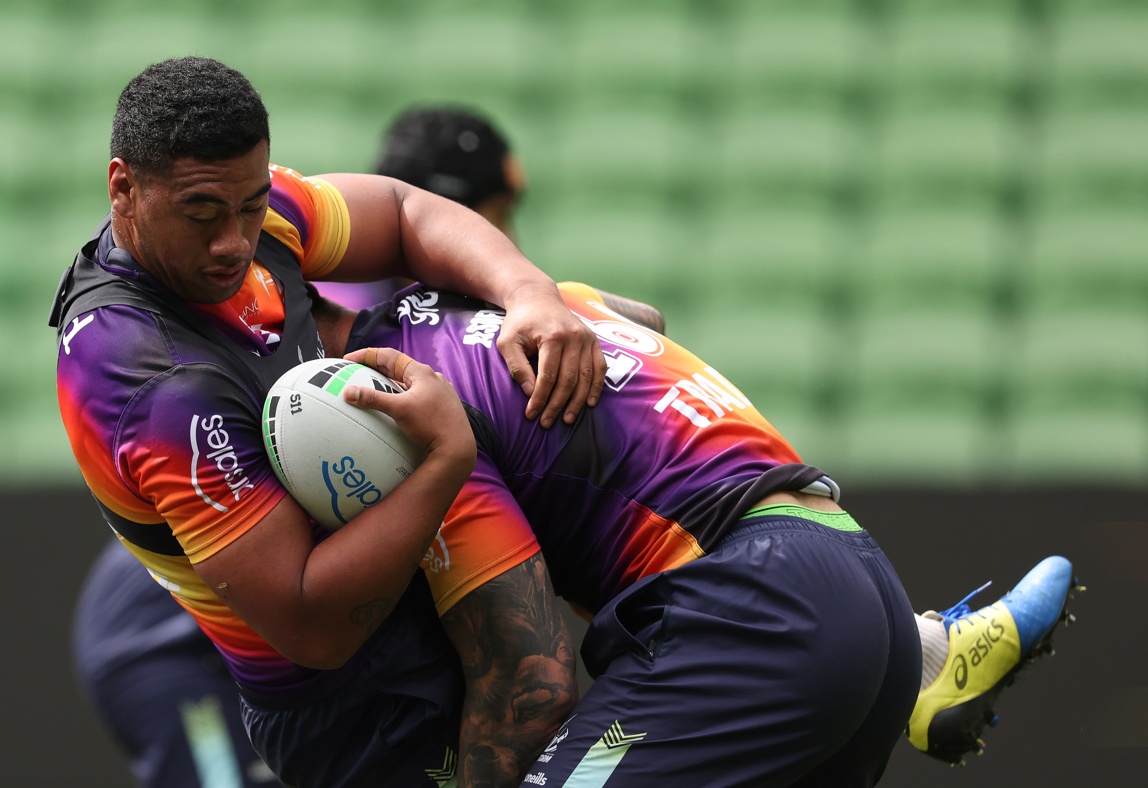 Lazarus Vaalepu and Nelson Asofa-Solomona of the Storm during a Melbourne Storm NRL captain's run at AAMI Park on September 26, 2024 in Melbourne, Australia. (Photo by Robert Cianflone/Getty Images)