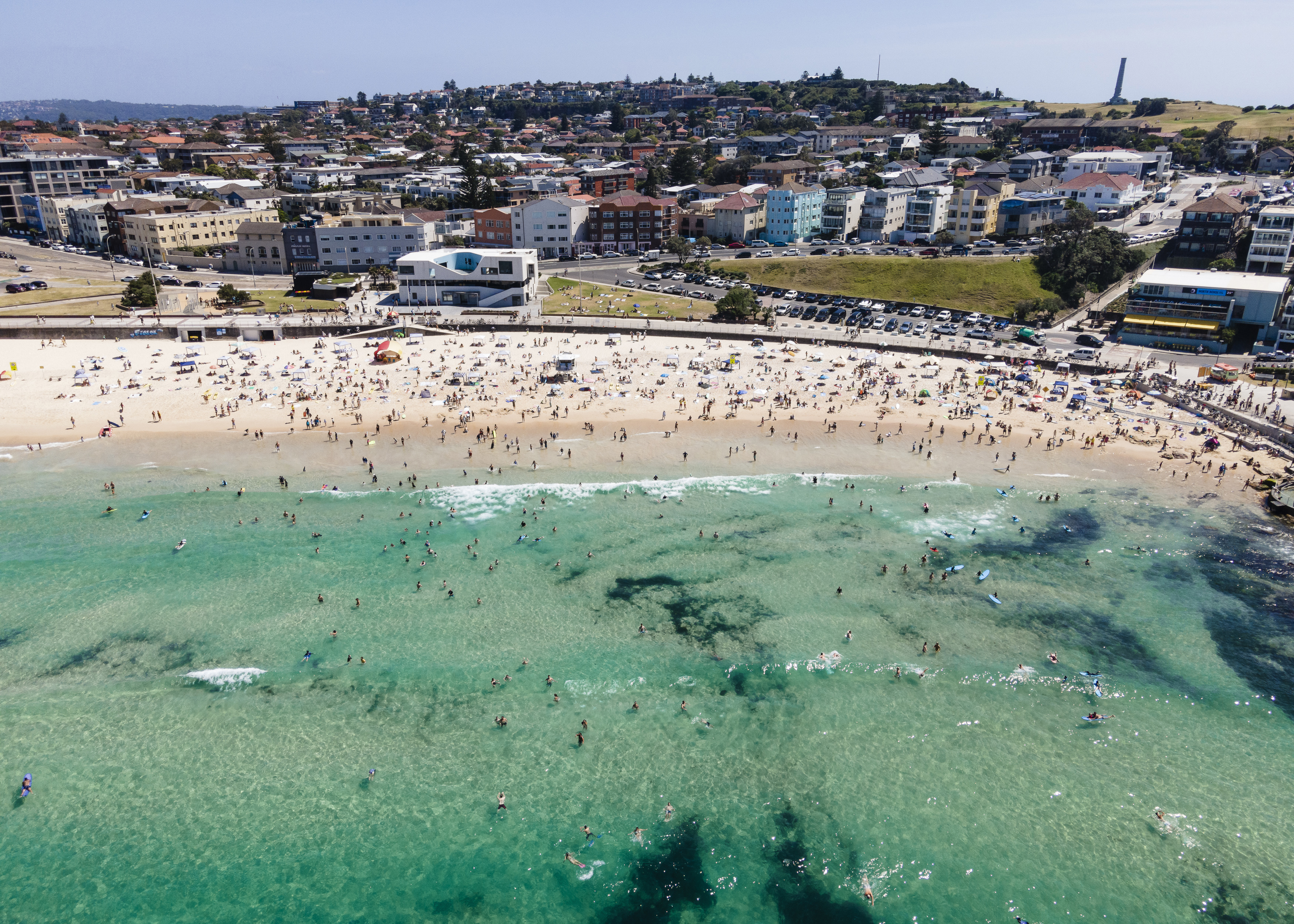 An aerial view of Bondi Beach on January 23, 2021 in Sydney, Australia.