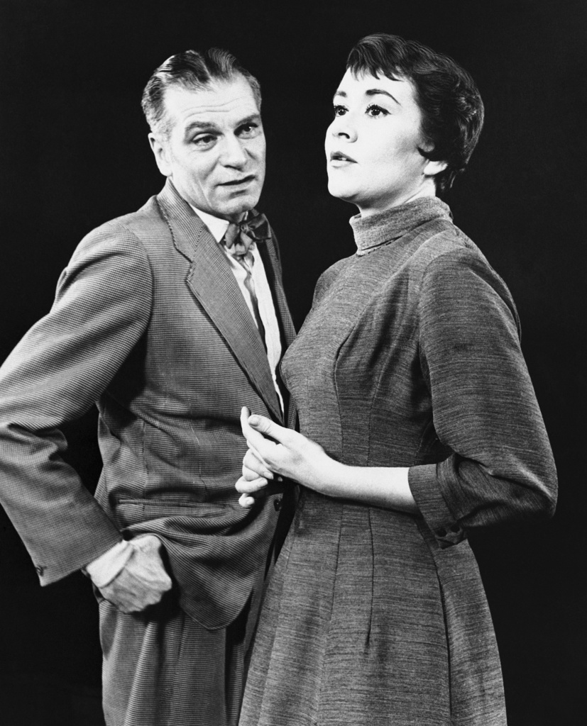 FILE - Laurence Olivier and English actress Joan Plowright in a scene from John Osborne's play, 'The Entertainer' which opened on Broadway on Feb. 4, 1958. (AP Photo, File)