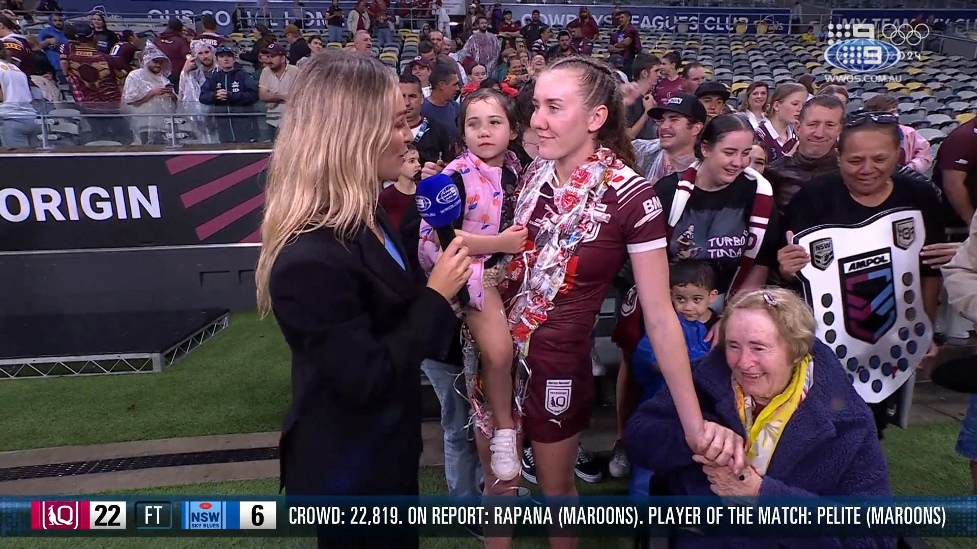 Tamika Upton and her nan Helen share a special moment following Queensland's Women's State of Origin victory.