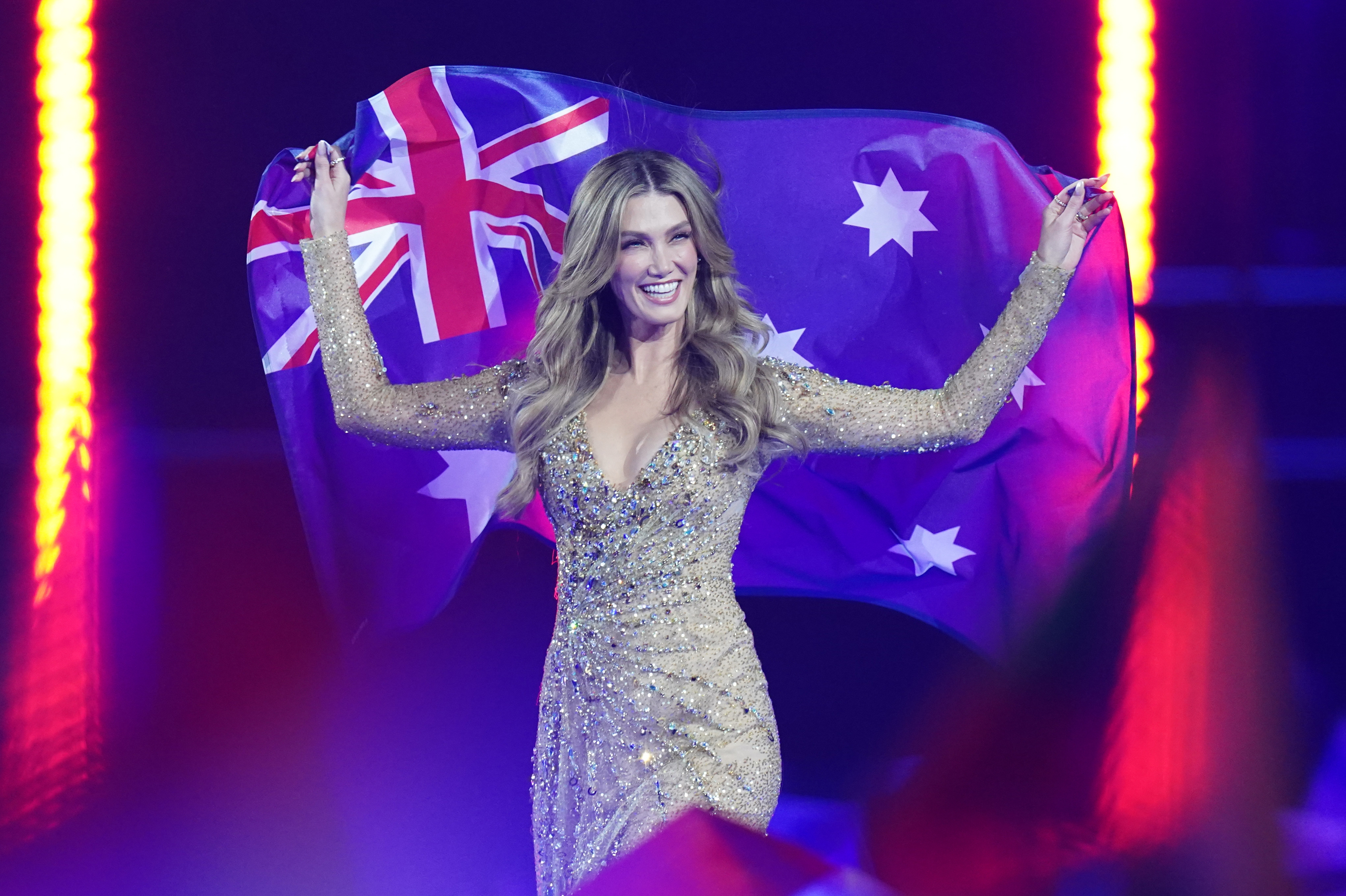 Delta Goodrem representing Australia during the grand final for the Eurovision Song Contest in the Wiener Stadthalle in Vienna, Austria. Picture date: Saturday May 16, 2026. (Photo by Ian West/PA Images via Getty Images)