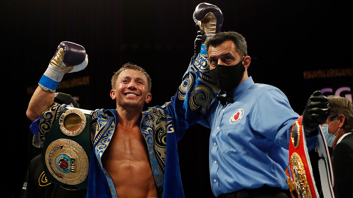 Gennadiy Golovkin celebrates defeating Kamil Szeremeta in their IBF Middleweight title 