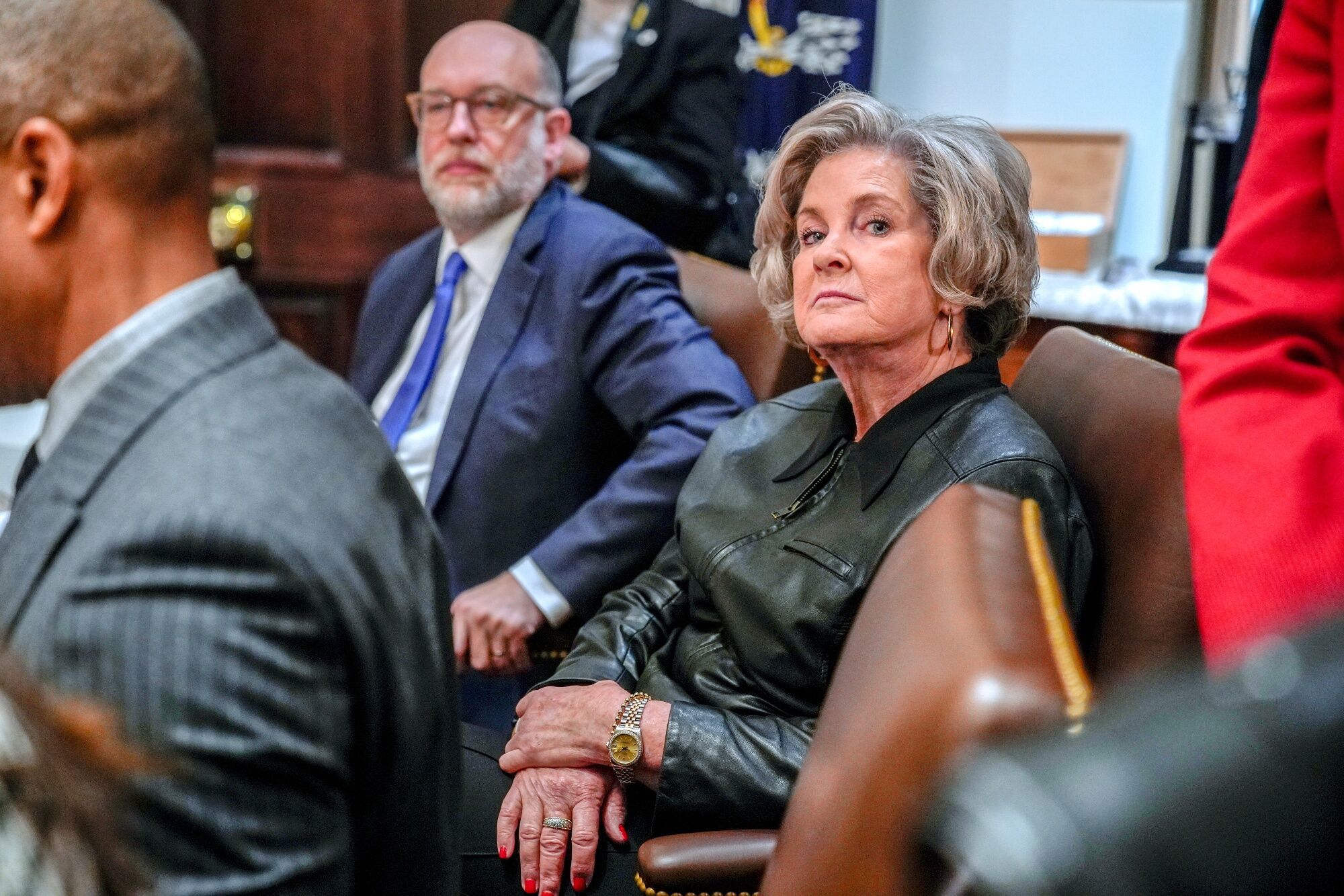 Russell Vought, director of the Office of Management and Budget (OMB), center, and Susie Wiles, White House chief of staff, during a cabinet meeting at the White House in Washington, DC, US, on Tuesday, Dec. 2, 2025. US President Donald US President Donald Trump said he plans to announce his selection to lead the Federal Reserve in early 2026, fueling further speculation about the next leader of the US central bank. Photographer: Yuri Gripas/CNP/Bloomberg