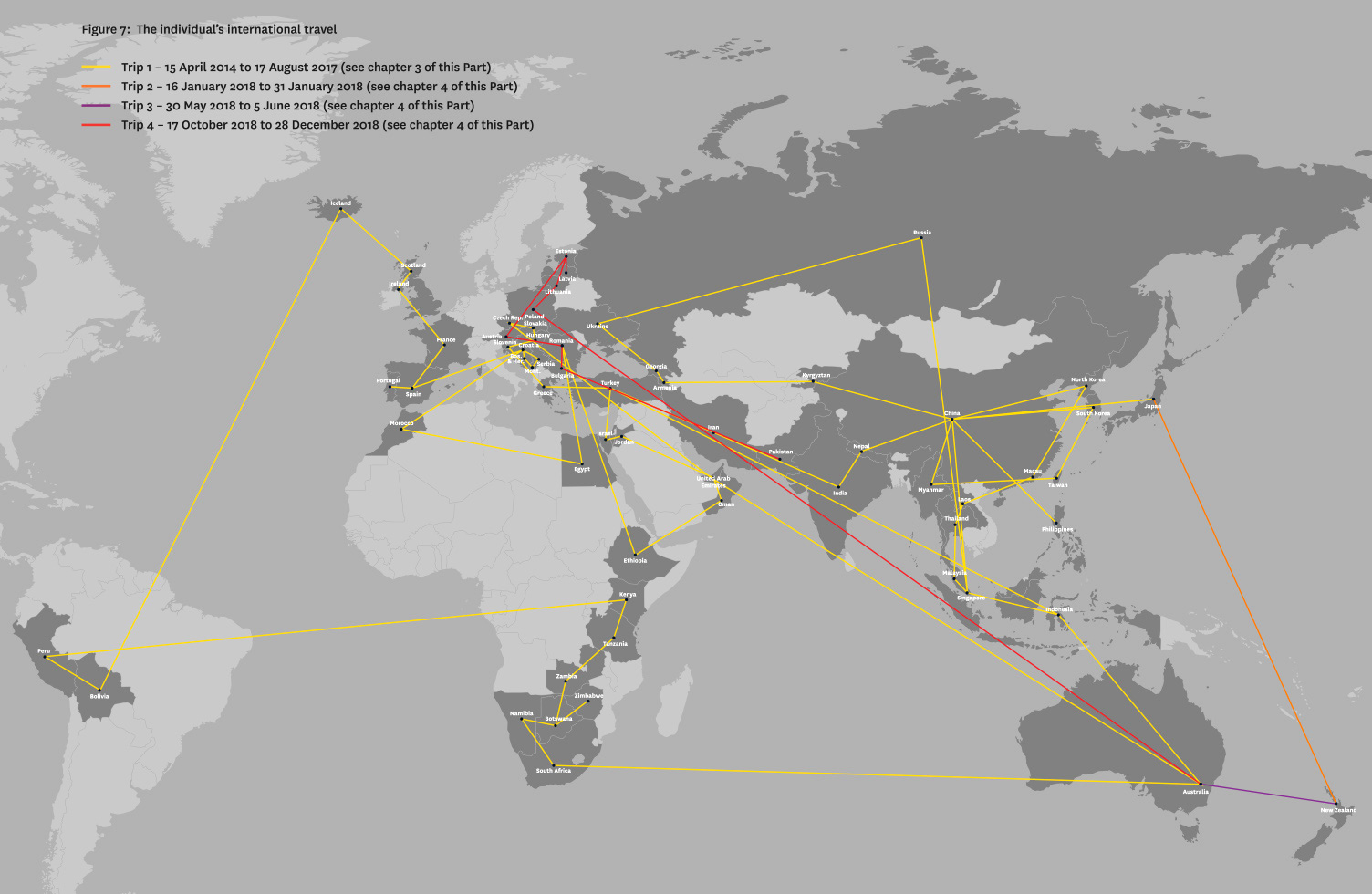 The Christchurch mosque gunman's international travel between 2014 and 2018