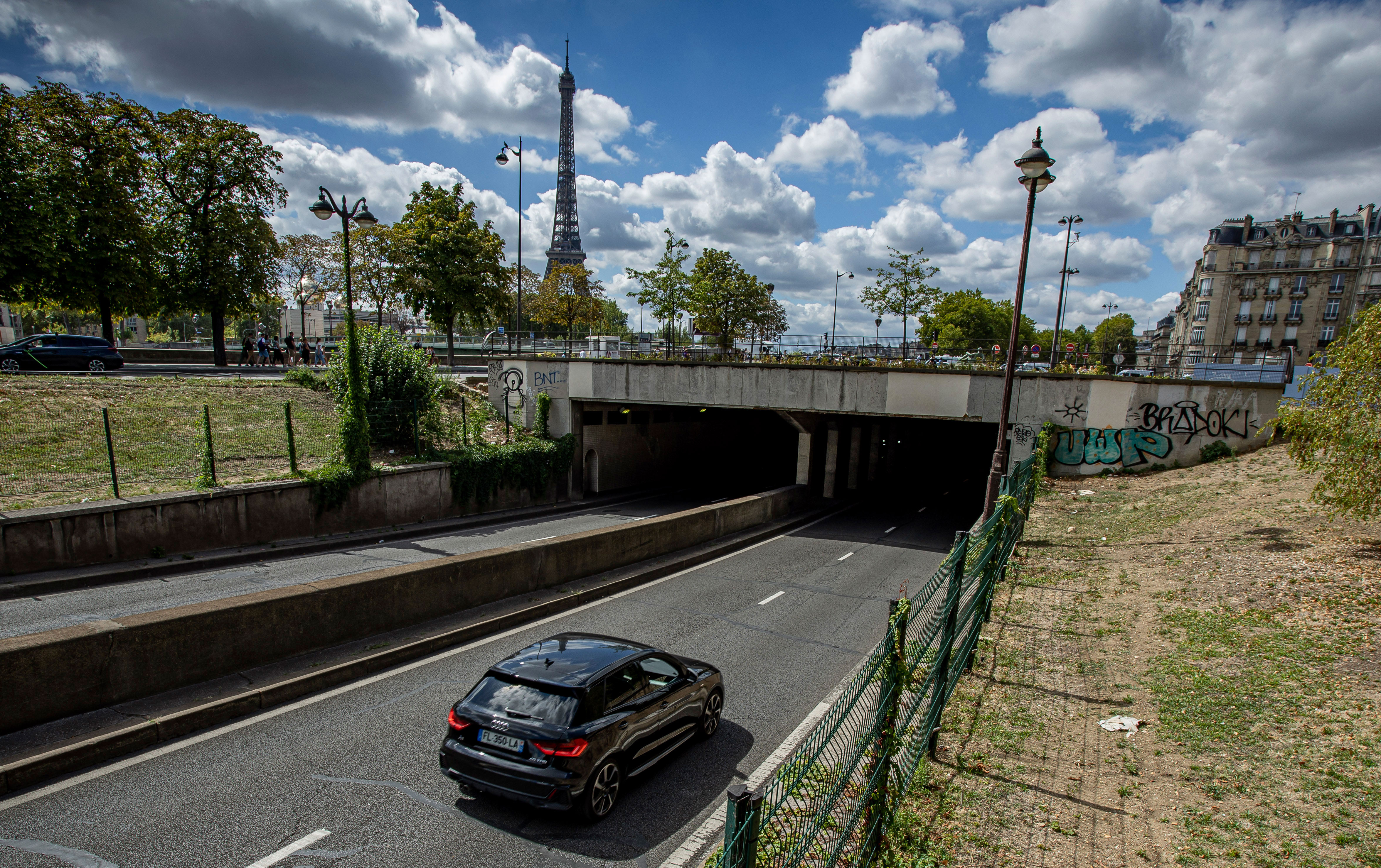 A car enters the Alma tunnel in Paris, where Princess Diana, Dodi Fayed, and their chauffeur died in a car accident.