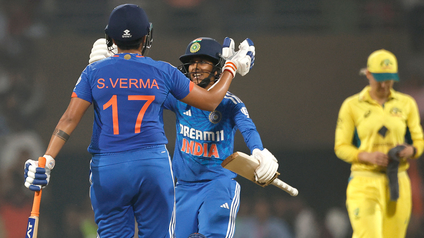 Jemimah Rodrigues and Shafali Verma of India celebrate their team's win over Australia during game one of the womenÕs T20I series between India and Australia at DY Patil Stadium on January 5, 2024 in Navi Mumbai, India. (Photo by Pankaj Nangia/Getty Images)