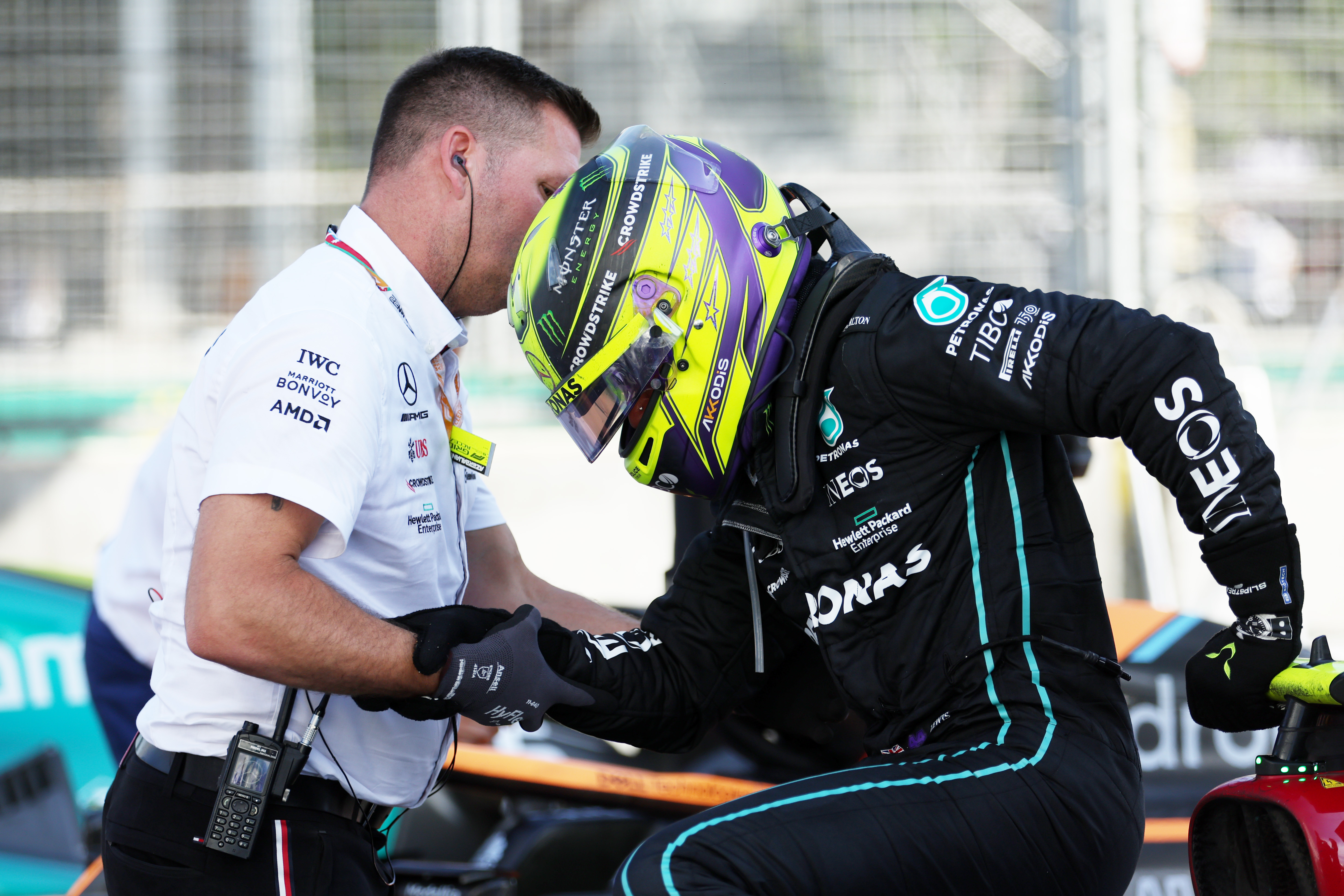Fourth placed Lewis Hamilton is assisted from his car after the Azerbaijan Grand Prix. (Photo by Bryn Lennon - Formula 1/Formula 1 via Getty Images)