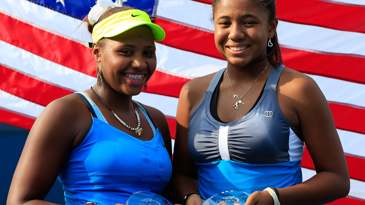 Gabrielle Andrews and Taylor Townsend celebrate winning the girls' doubles finals at the 2012 US Open 