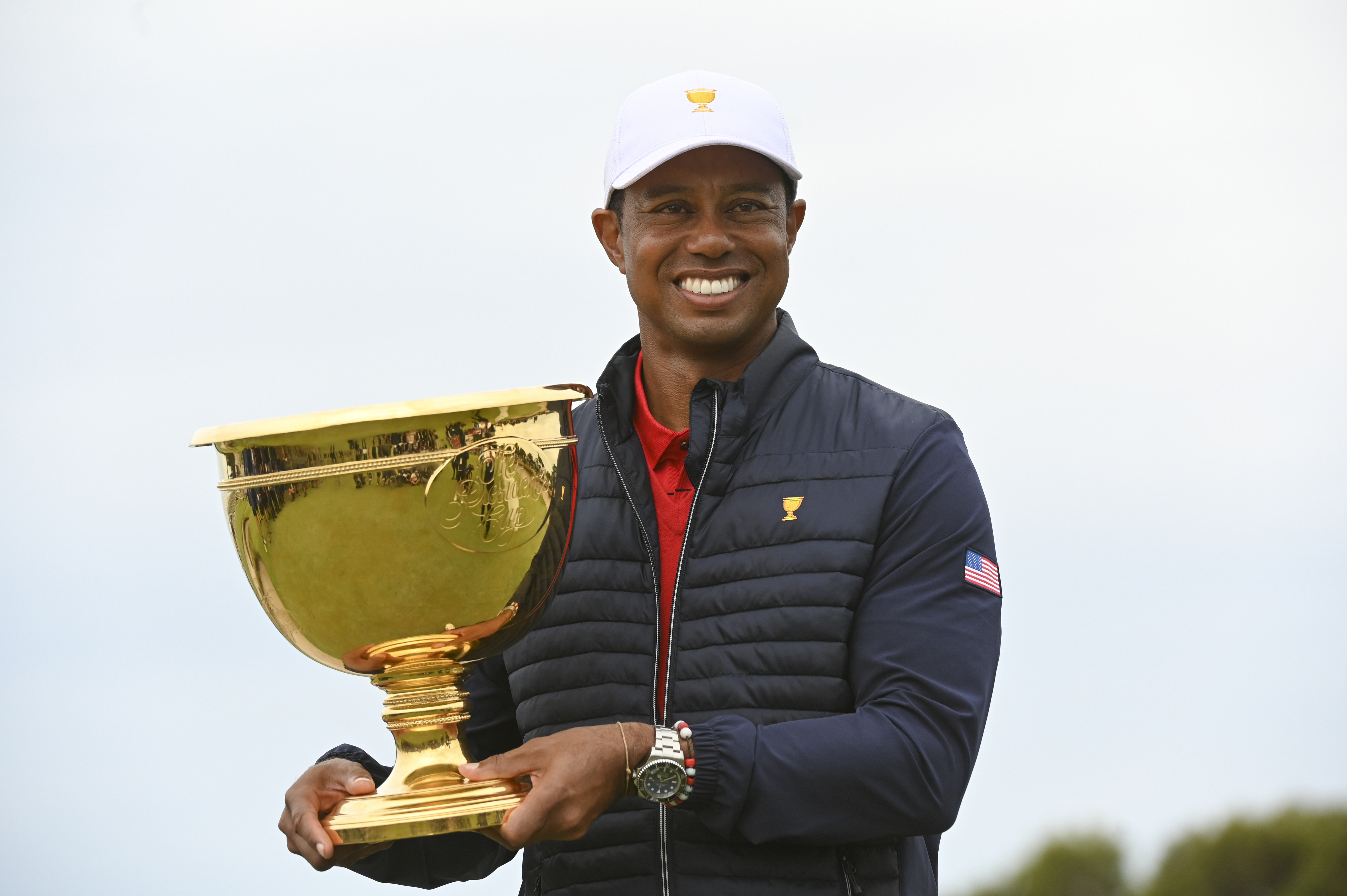 US Team Captain Tiger Woods holds the Presidents Cup trophy during the final round singles matches at the Presidents Cup at The Royal Melbourne Golf Club on December 15, 2019, in Victoria , Australia. (Photo by Ben Jared/PGA TOUR via Getty Images)