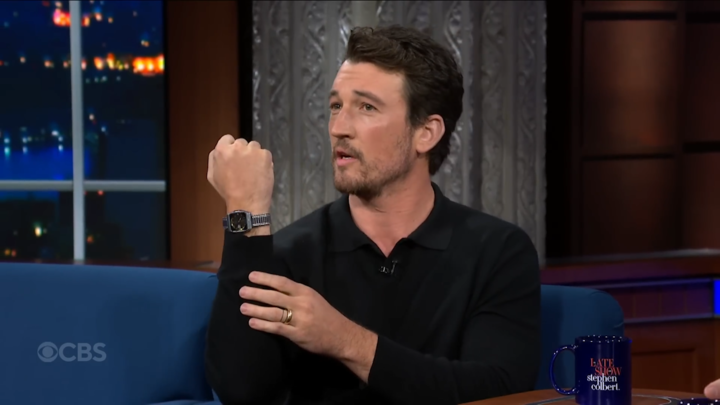 Miles Teller shows his late grandfather's watch, which he managed to save from the Pacific Palisades fires on The Late Show with Stephen Colbert