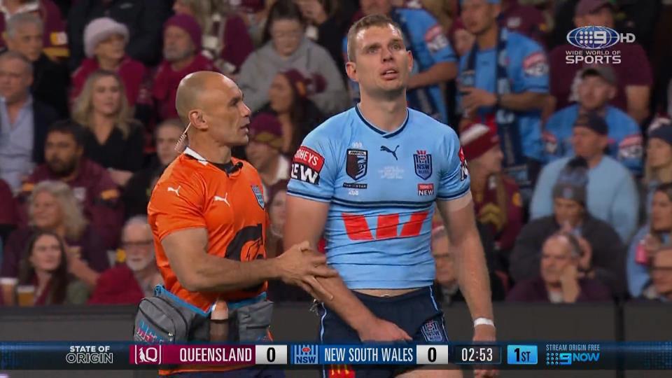 Tom Trbojevic looks dejected as he is helped from the field in the opening minutes of Origin II.