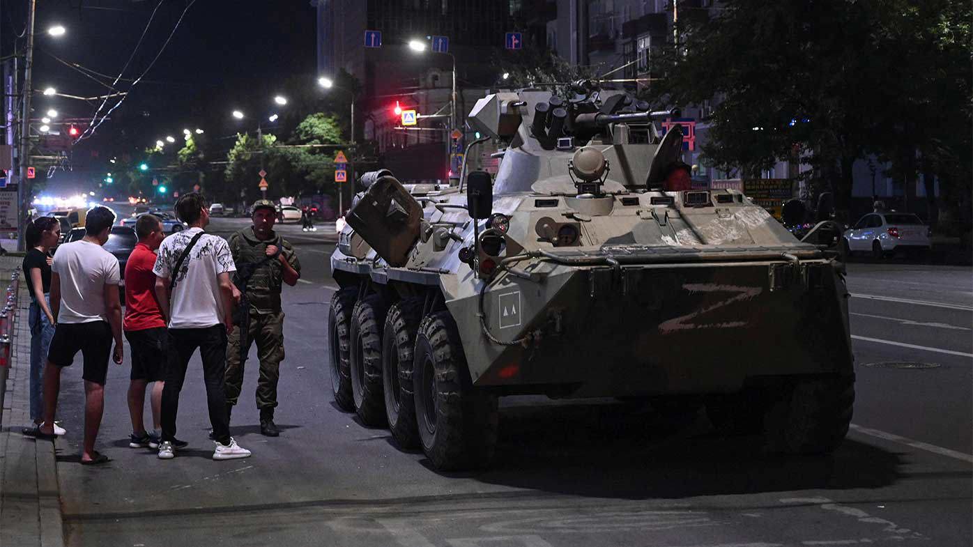 An armoured personnel carrier is seen on a street of the southern city of Rostov-on-Don, Russia.