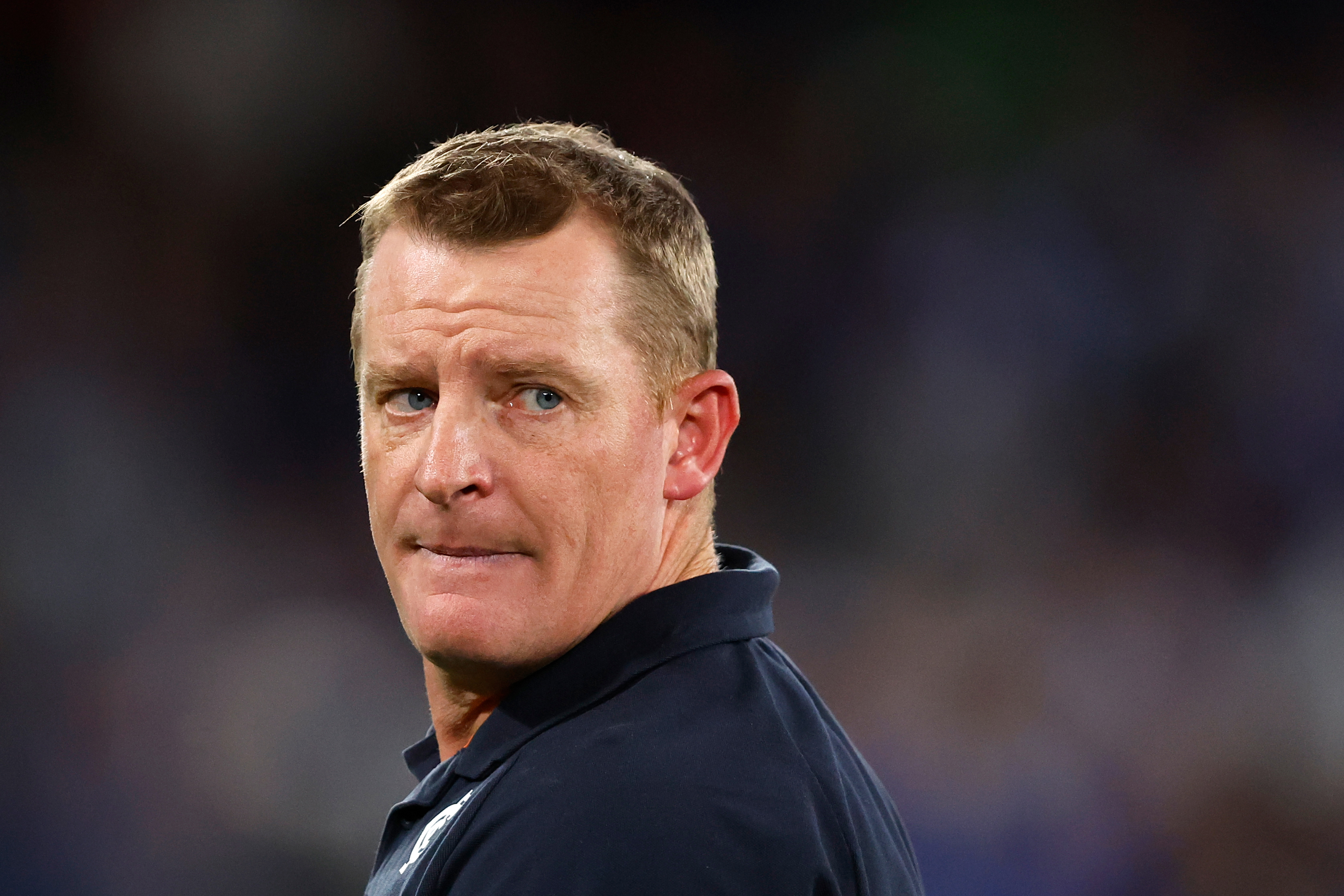 MELBOURNE - APRIL 07: Michael Voss, Senior Coach of the Blues looks on during the 2023 AFL Round 04 match between the North Melbourne Kangaroos and the Carlton Blues at Marvel Stadium on April 7, 2023 in Melbourne, Australia. (Photo by Dylan Burns/AFL Photos)