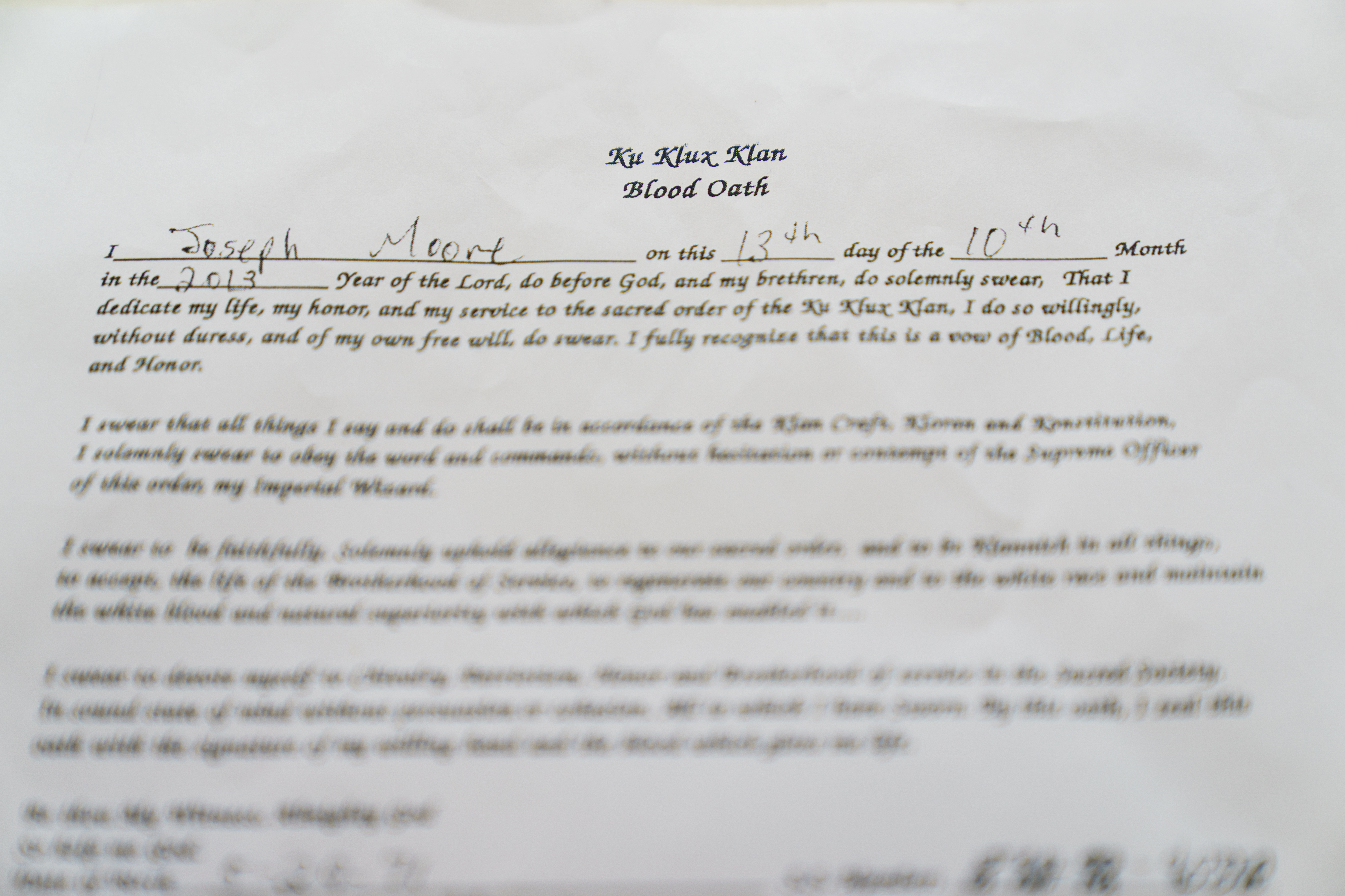 A Ku Klux Klan "blood oath" signed by Joseph Moore, an informant for the FBI.