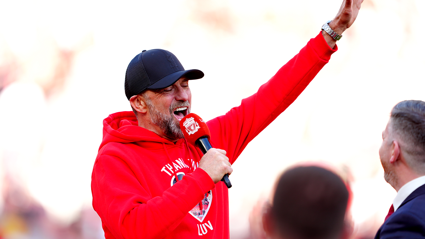 Outgoing Liverpool manager Jurgen Klopp sings to the fans at the end of the Premier League match and his final game in charge at Anfield.