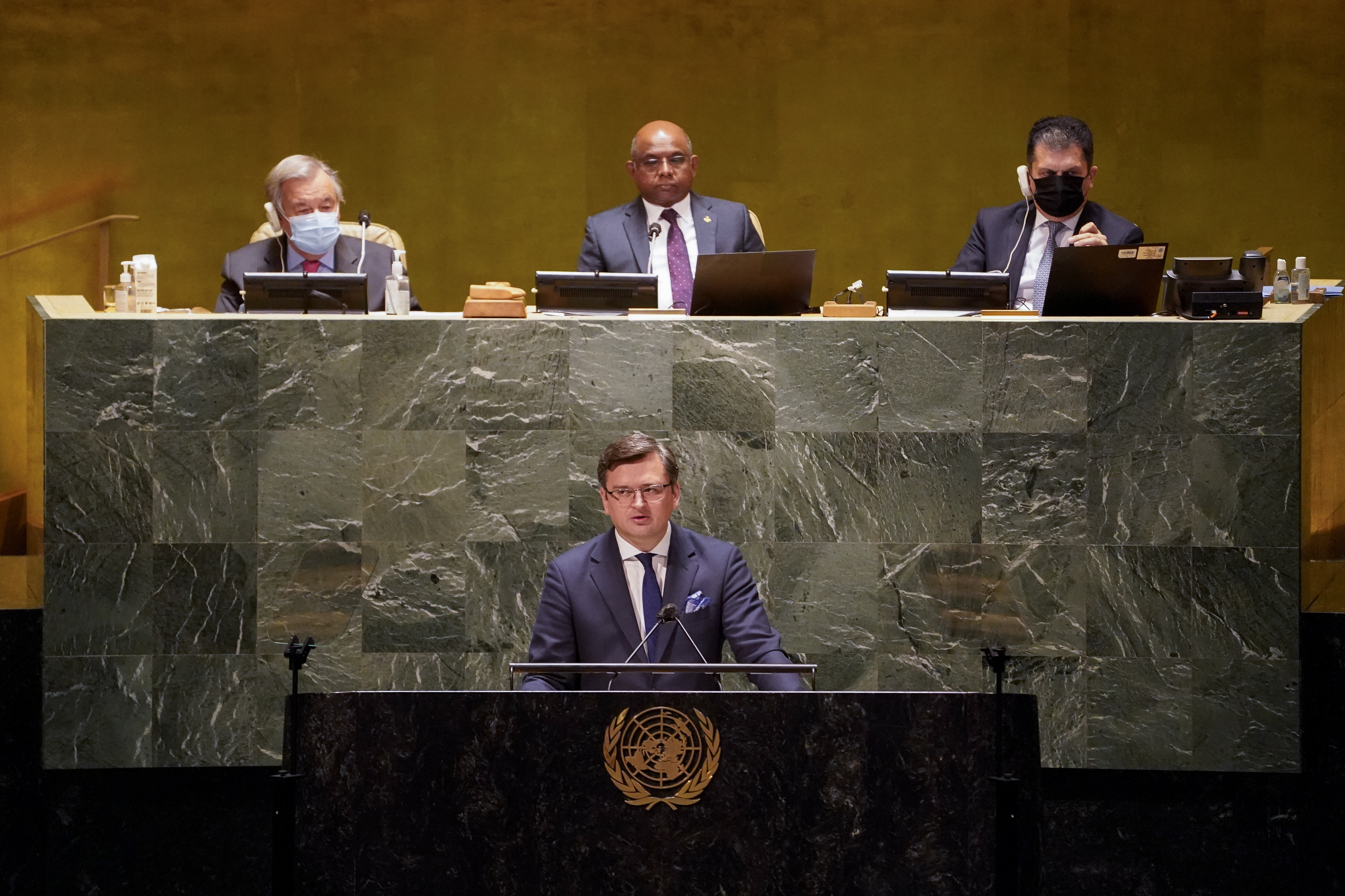 Ukrainian Foreign Minister Dmytro Kuleba addresses the UN general assembly hall on Wednesday and has said more than sanctions are needed to stop Russia.  