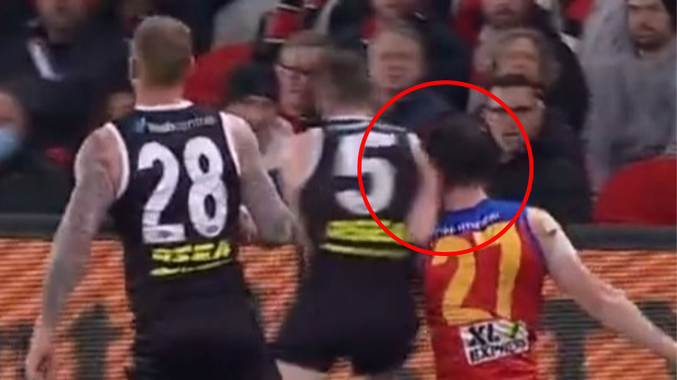 Brad Crouch looked to collect Darcy Gardiner in the head with his late bump on the wing