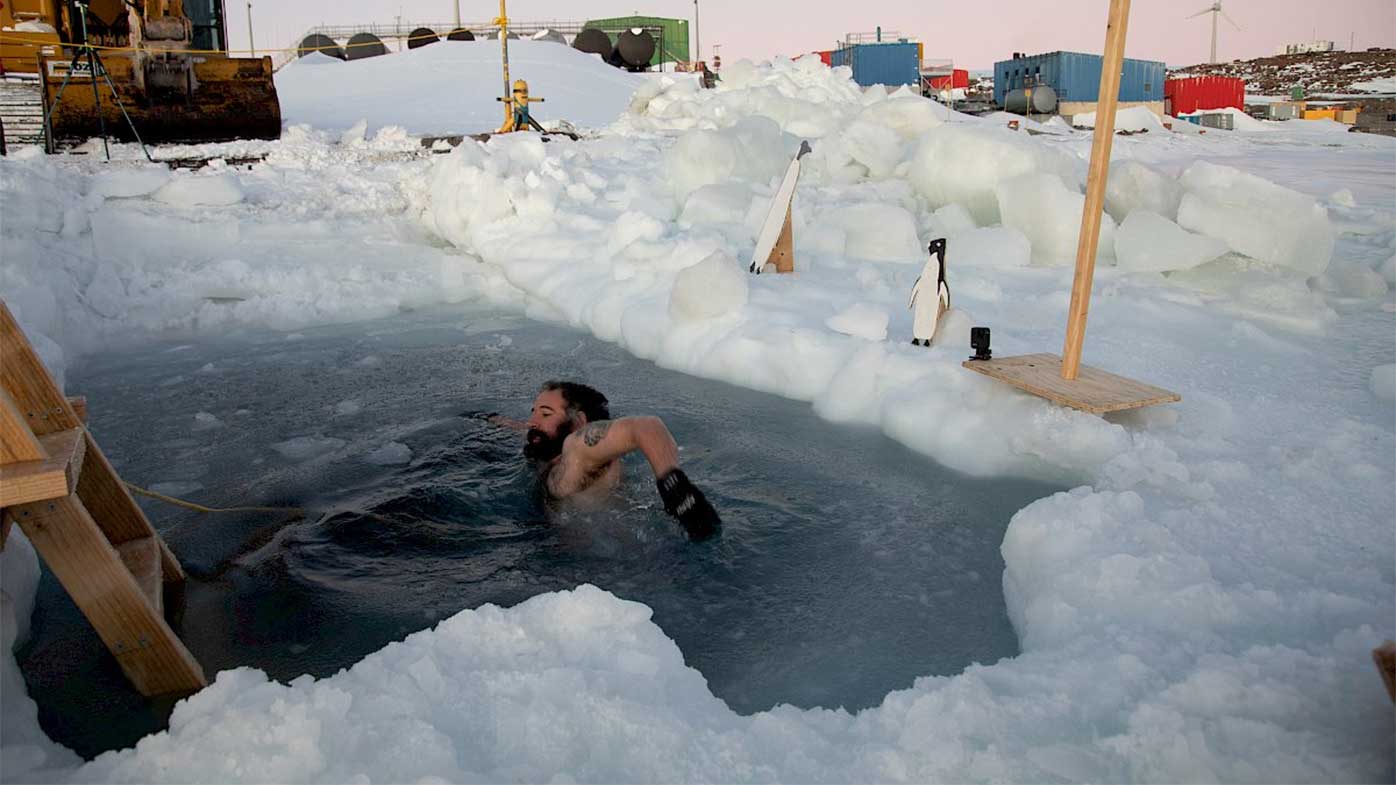 Researchers at the Casey Research Station in Antarctica mark the winter solstice with a swim.