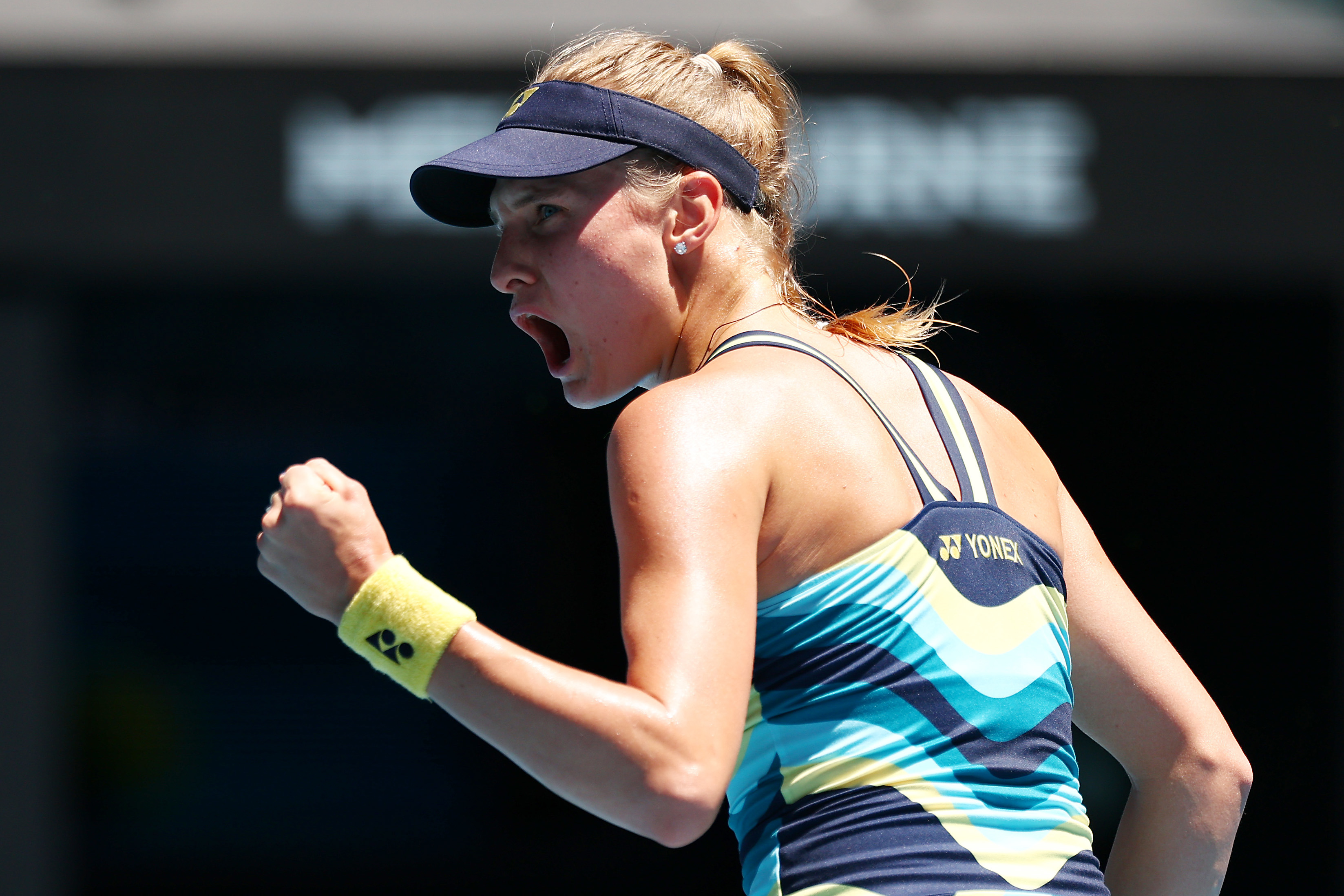 Dayana Yastremska celebrates a point during her quarter-final singles match against Linda Noskova at the 2024 Australian Open.