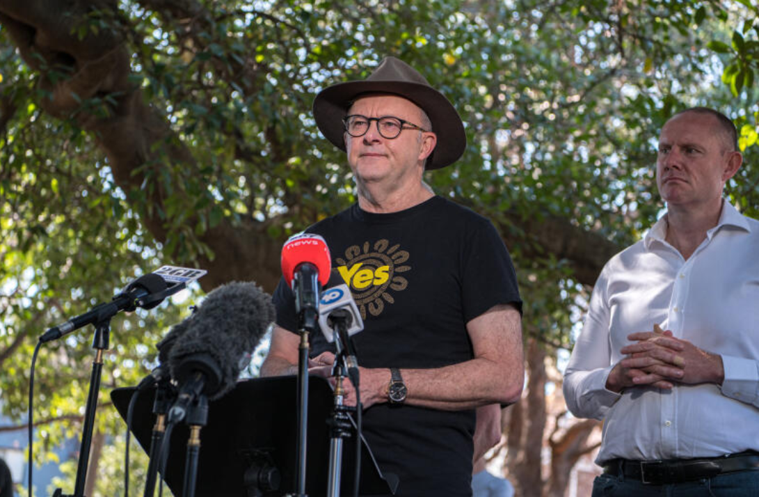 Anthony Albanese during a press conference at the voting centre for the Indigenous voice to parliament referendum in Balmain.