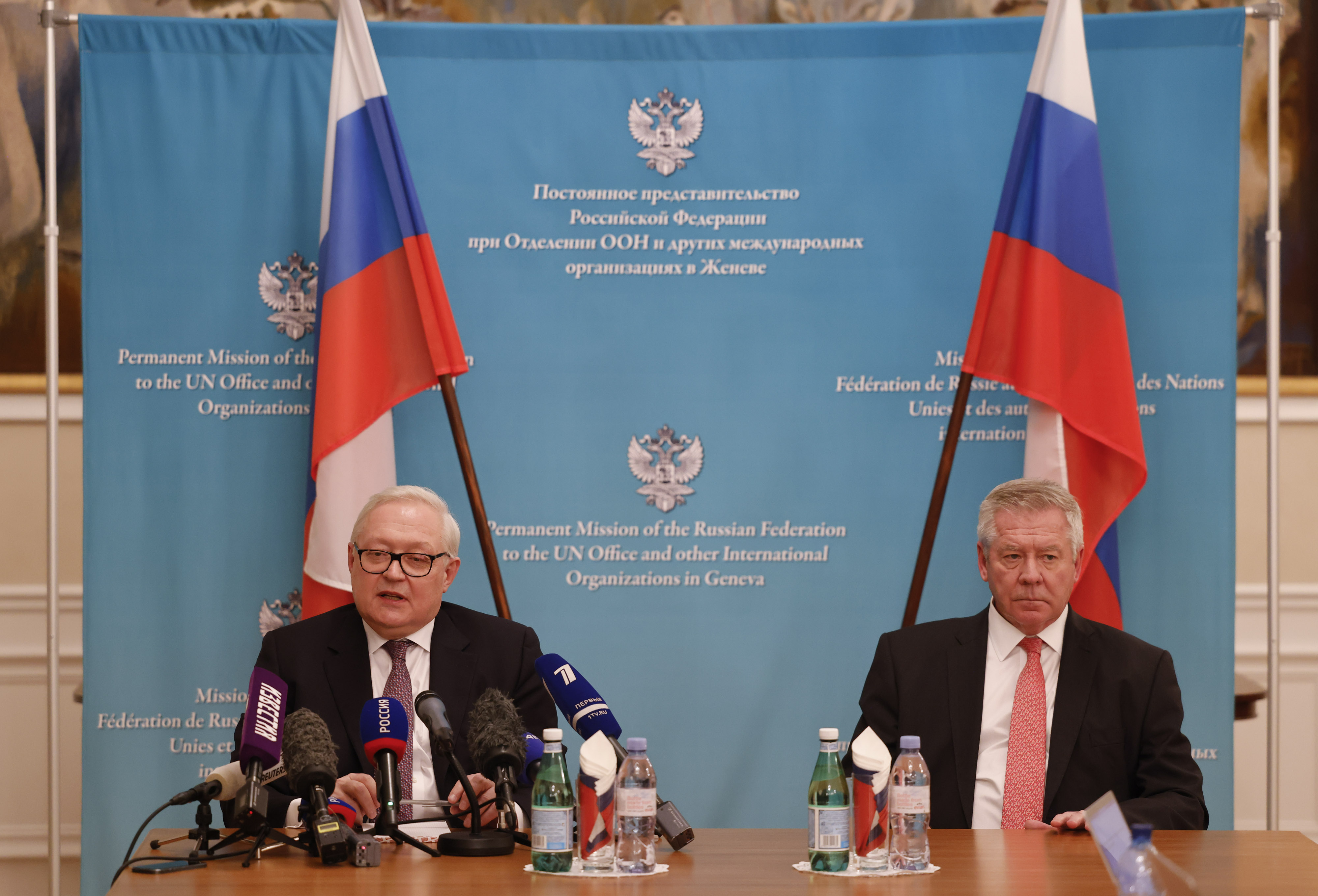 Sergei Ryabkov, Russia's deputy foreign minister, left, and Gennady Gatilov, Russia's deputy foreign minister, during a news conference in Geneva. 