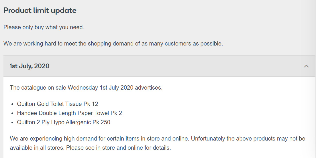 Woolworths' statement on its website about shortages of toilet paper on tissues it advertised in its catalogue.