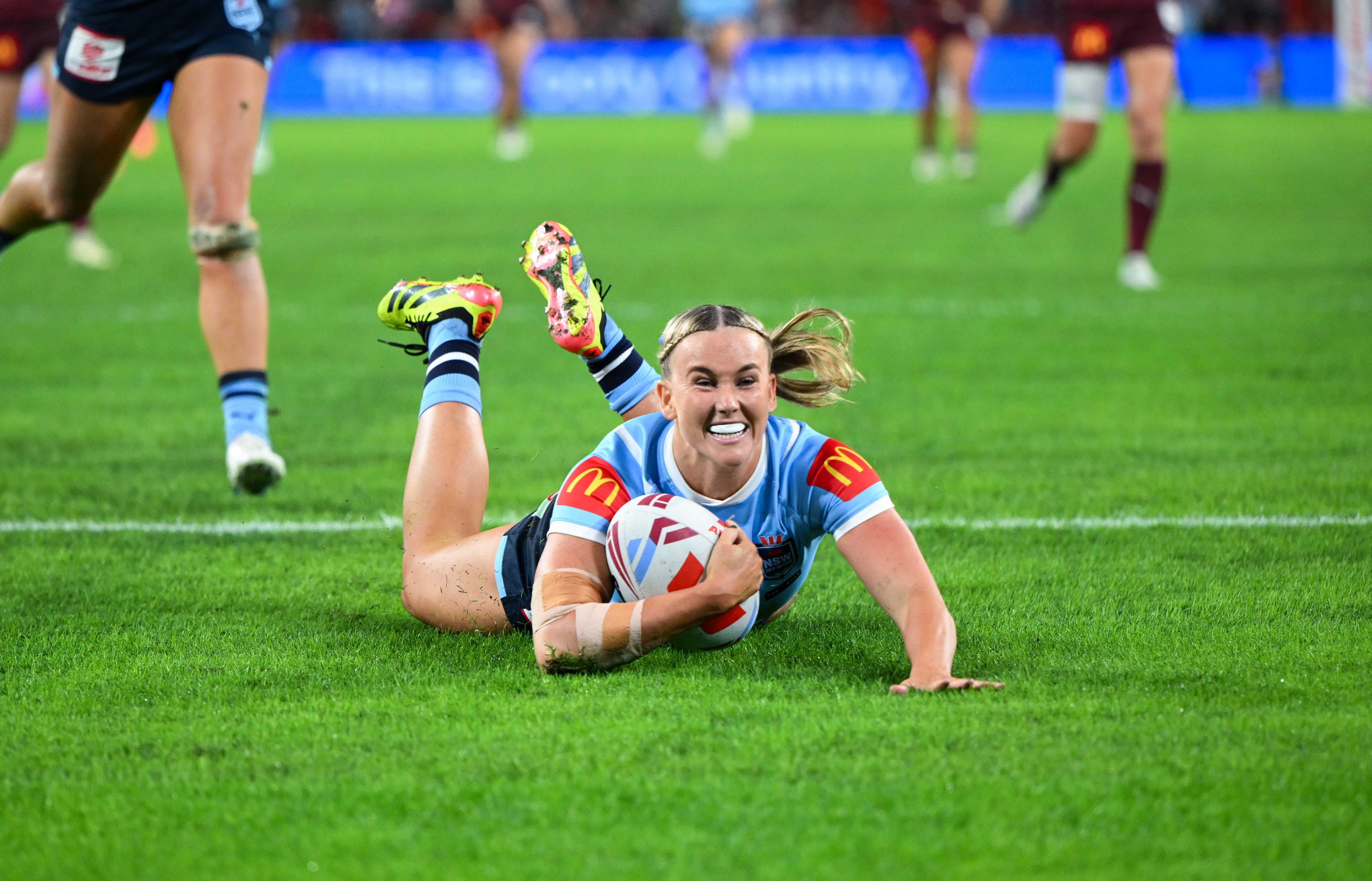 Jaime Chapman ran nearly 80m to score this try for the Sky Blues in the Women's State of Origin series opener.