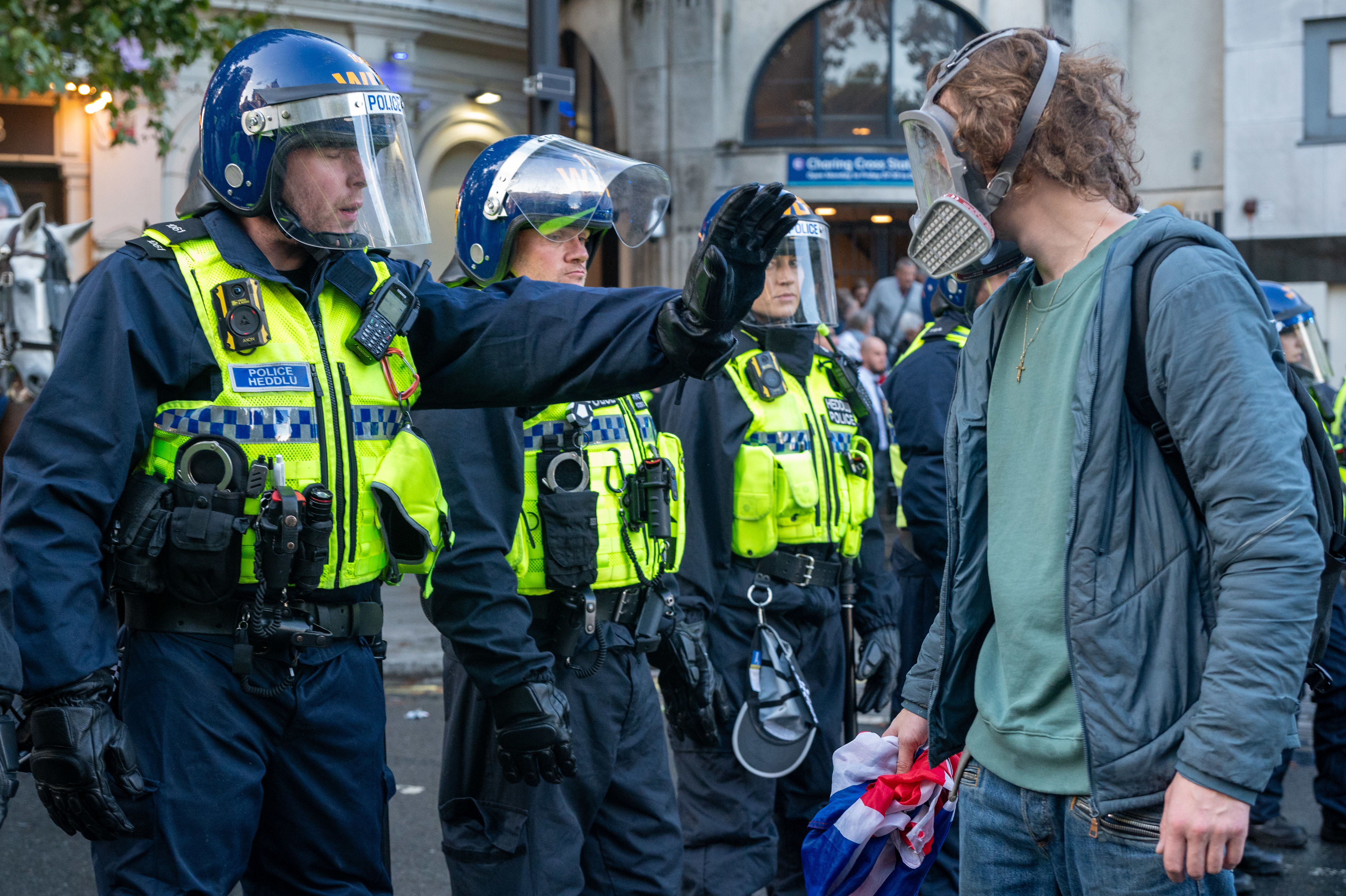 Protesters clash with members of the Police in Trafalgar Square on September 13, 2025 in London, England.
