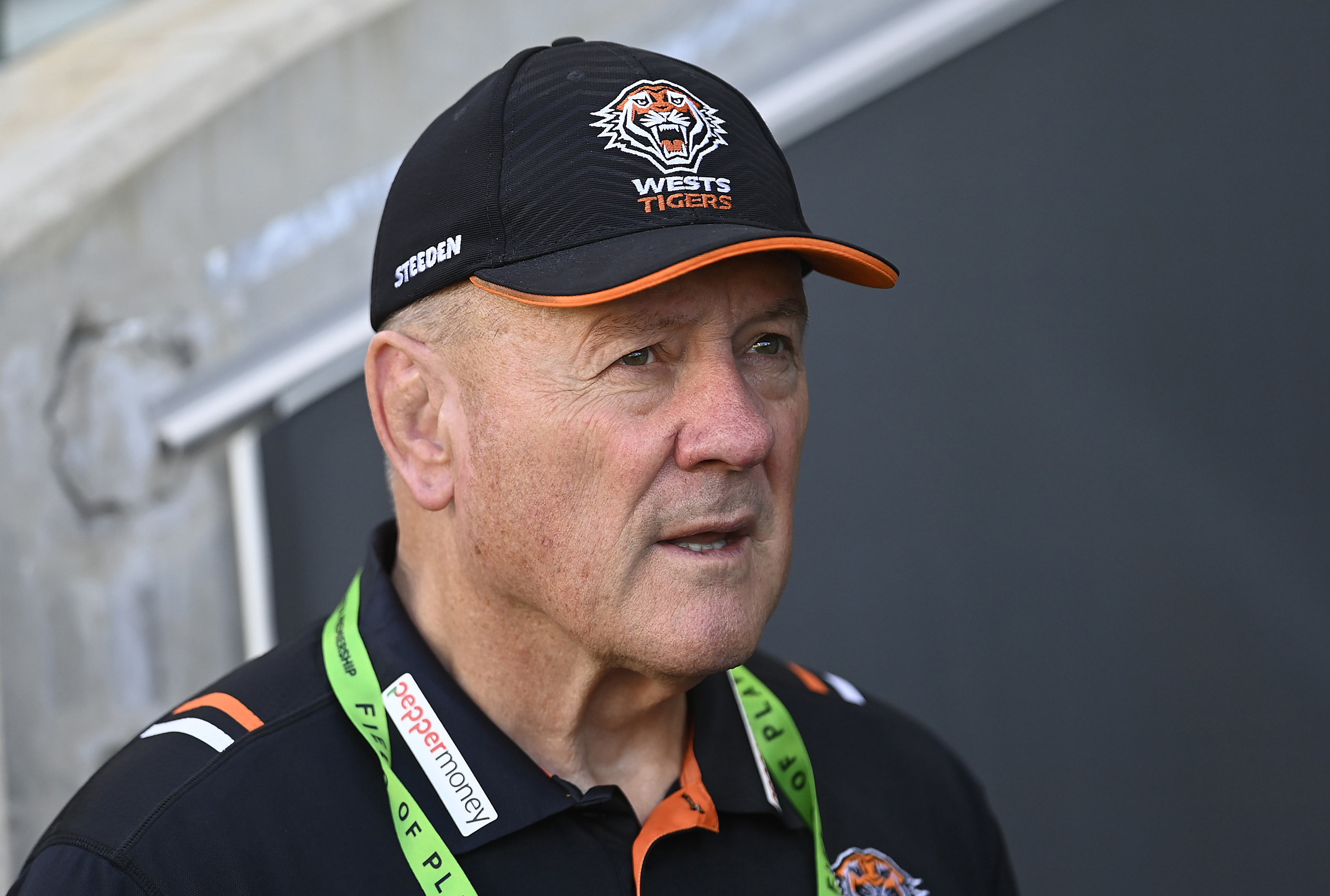 Tigers coach Tim Sheens looks on before the start of the round 18 NRL match between North Queensland Cowboys and Wests Tigers at Qld Country Bank Stadium on July 01, 2023 in Townsville, Australia. (Photo by Ian Hitchcock/Getty Images)