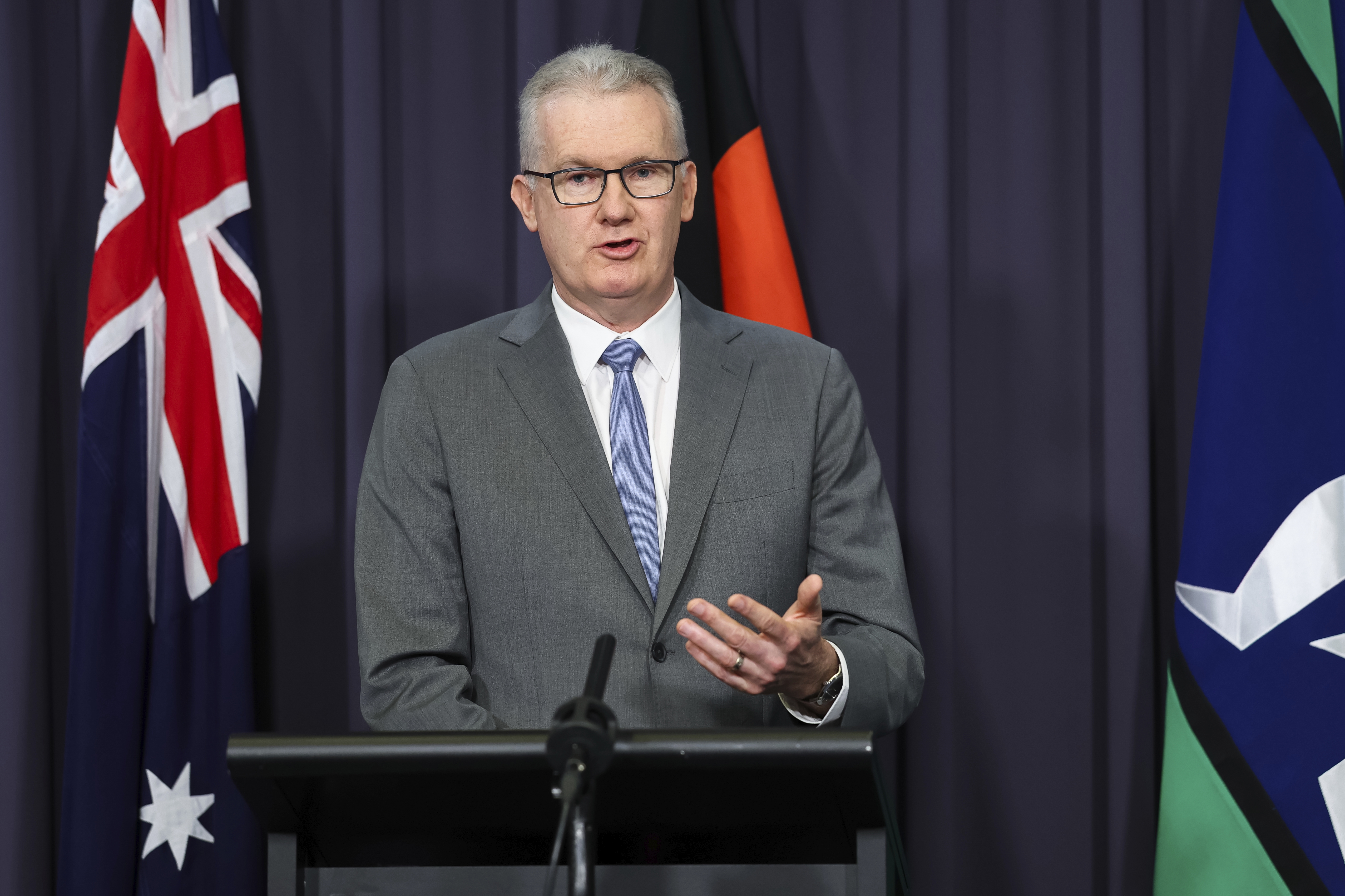 Minister for Home Affairs, Minister for Immigration and Citizenship, Minister for Cyber Security, Minister for the Arts and Leader of the House Tony Burke during a press conference at Parliament House in Canberra on Wednesday 11 March 2026. 