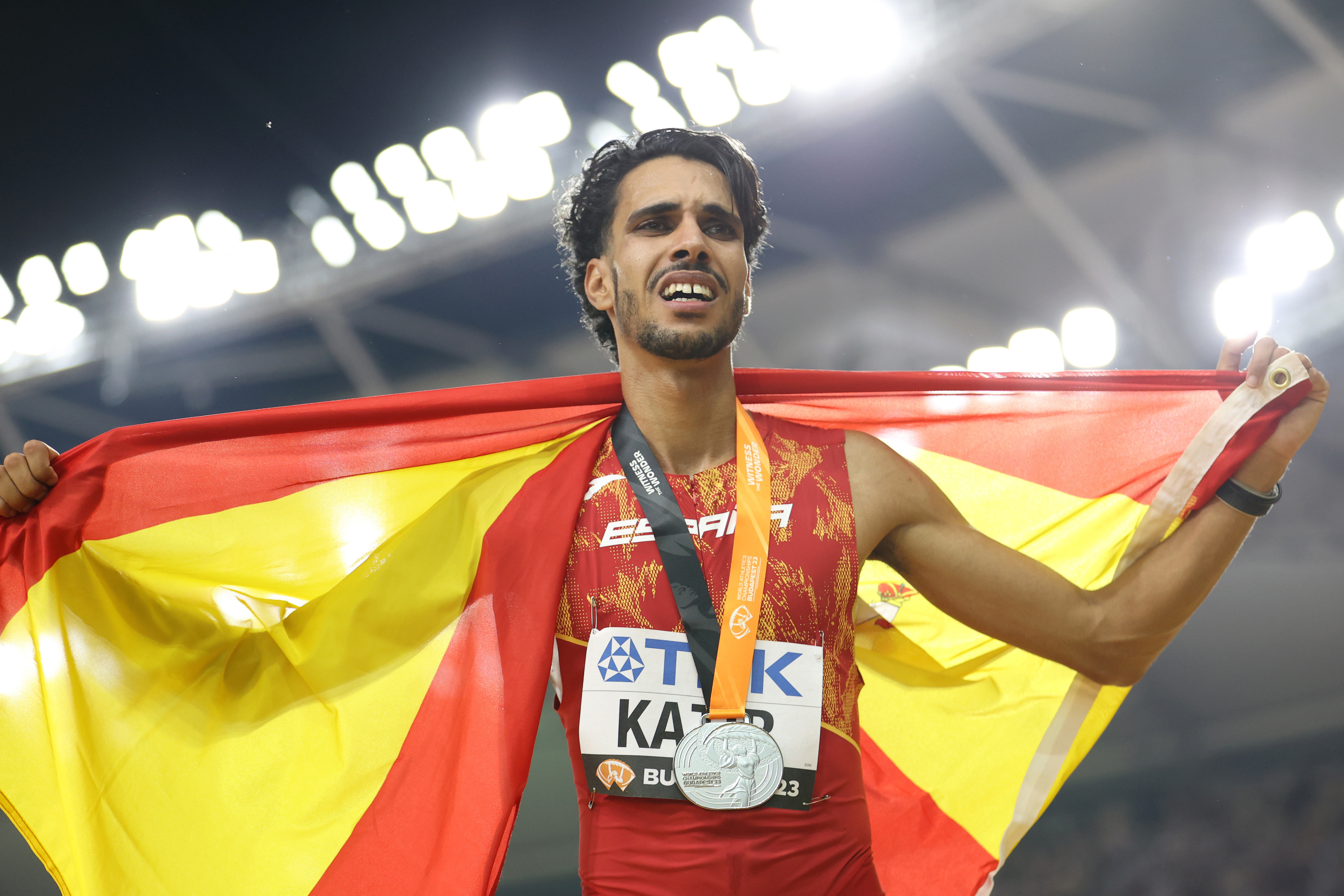 Silver medalist Mohamed Katir of Team Spain reacts after competing in the Men's 5000m Final during day nine of the World Athletics Championships Budapest 2023 at National Athletics Centre on August 27, 2023 in Budapest, Hungary. (Photo by Michael Steele/Getty Images)