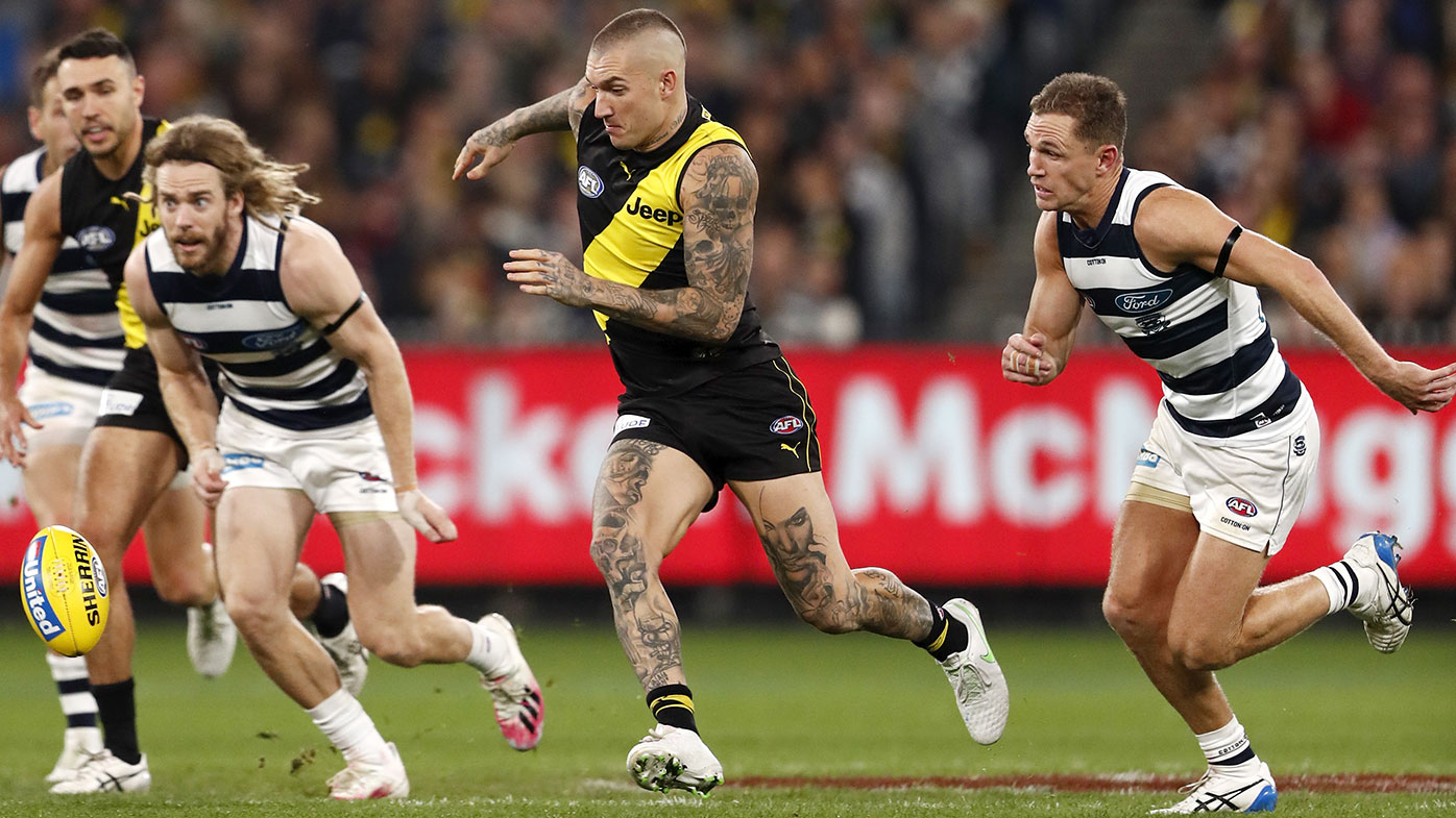 Dustin Martin of the Tigers in action during the 2021 AFL Round 08 match between the Richmond Tigers and the Geelong Cats at the Melbourne Cricket Ground on May 07, 2021 in Melbourne, Australia. (Photo by Dylan Burns/AFL Photos via Getty Images)