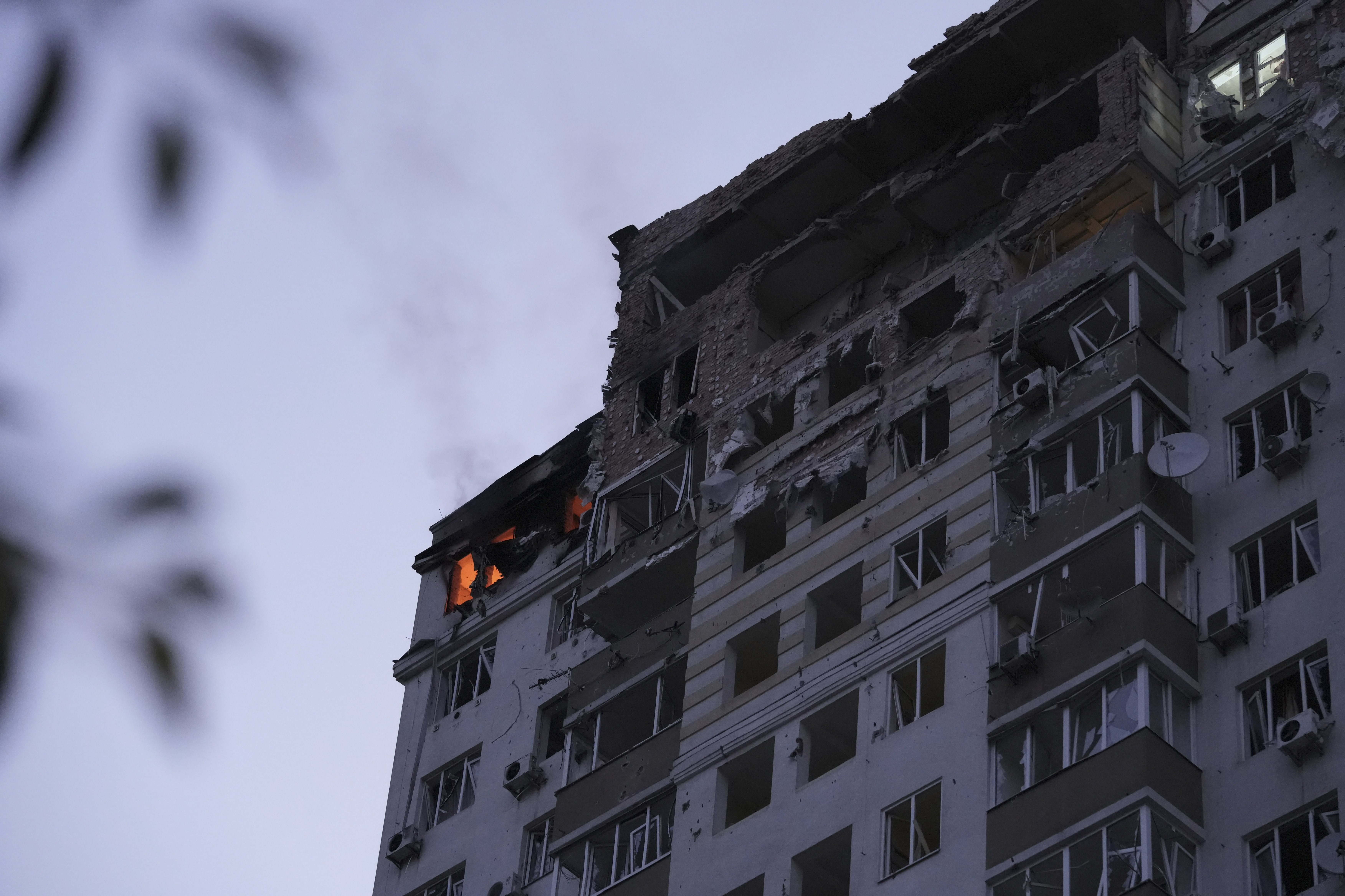 The photo shows a multi-story apartment building which was damaged during Russian attack in Kyiv, Ukraine, Tuesday, May 30, 2023.