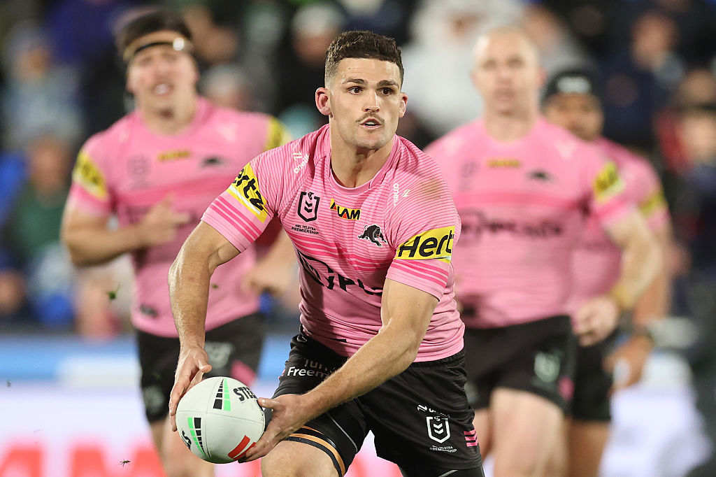 Nathan Cleary of the Panthers passes the ball.