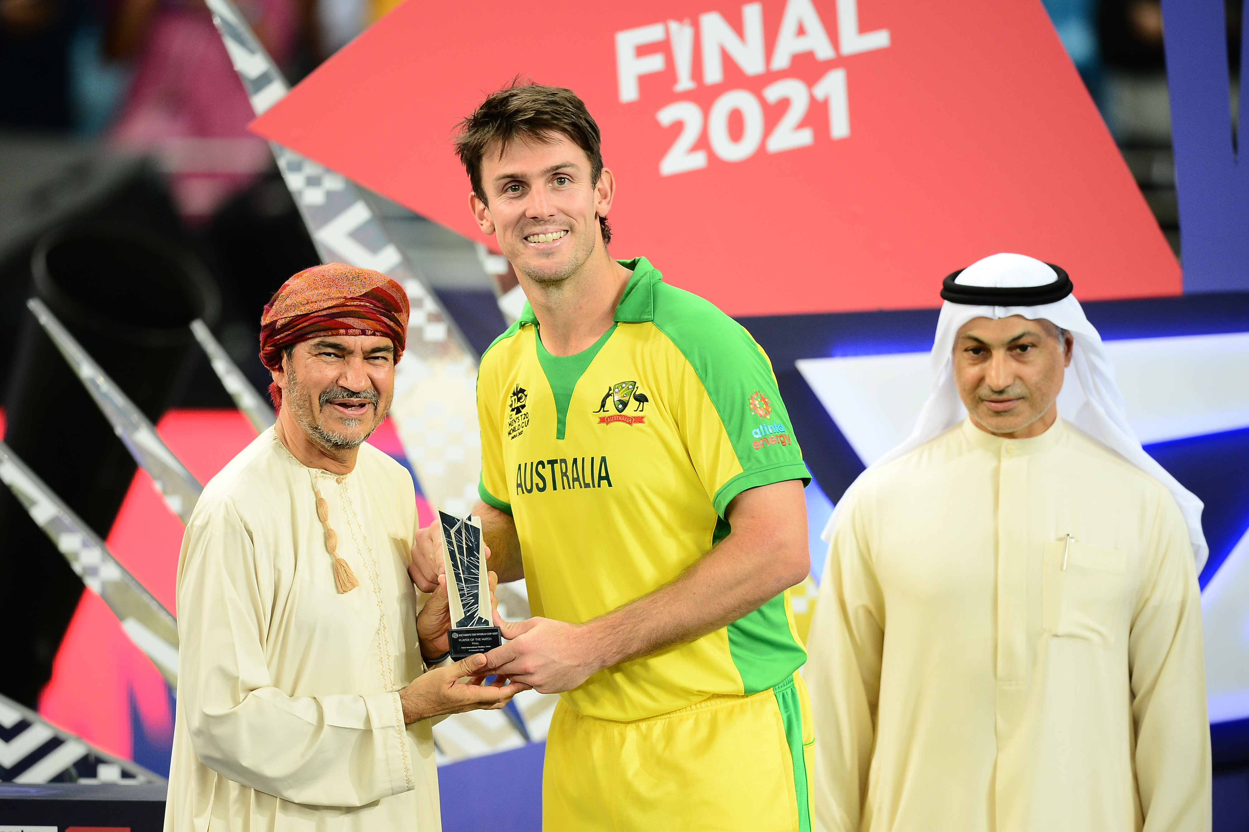 Mitchell Marsh of Australia receives his Player Of The Match award.