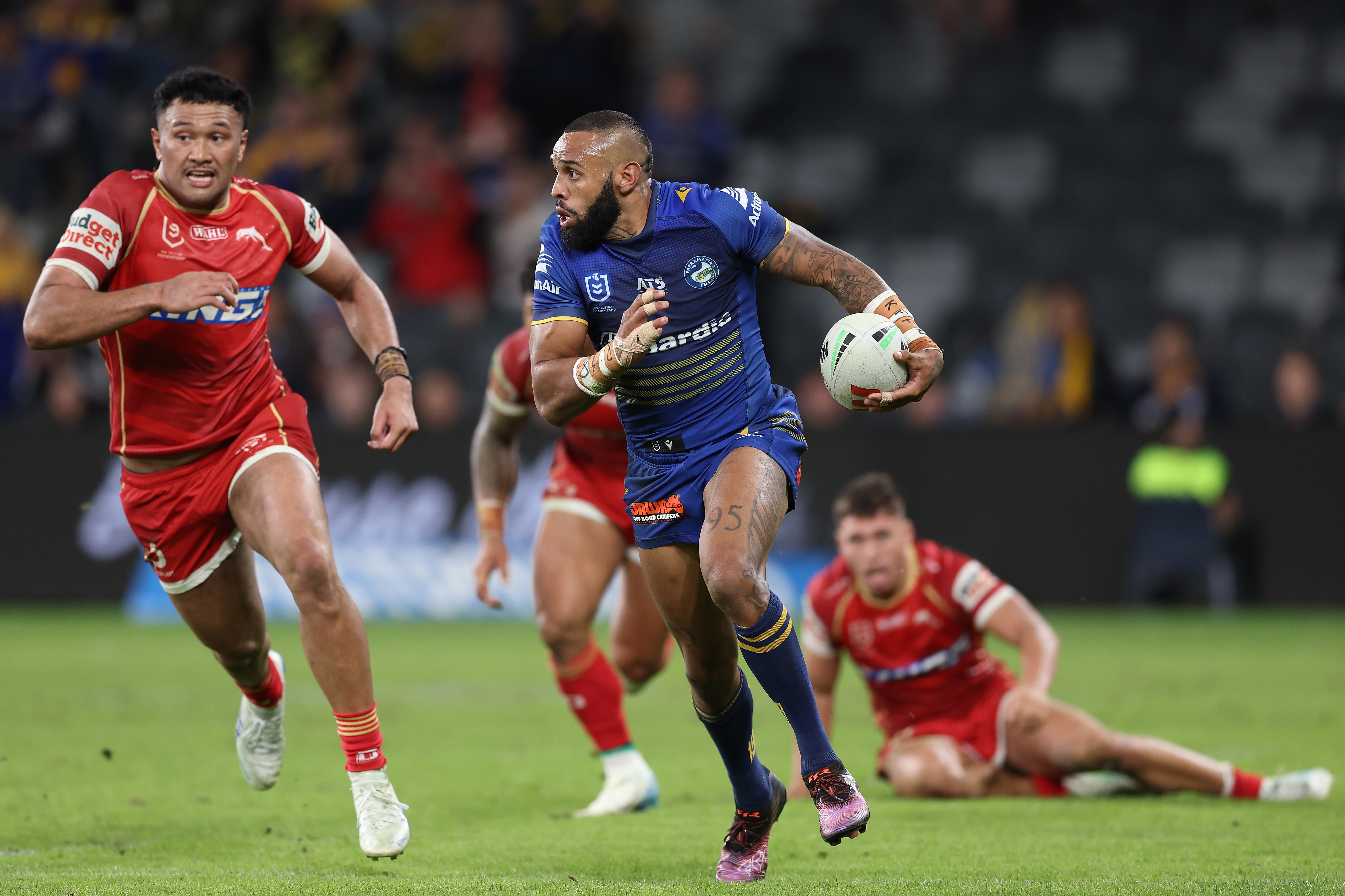 Josh Addo-Carr of the Eels makes a break.