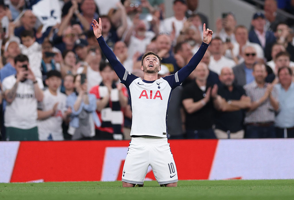 James Maddison of Tottenham Hotspur celebrates scoring his team's second goal.
