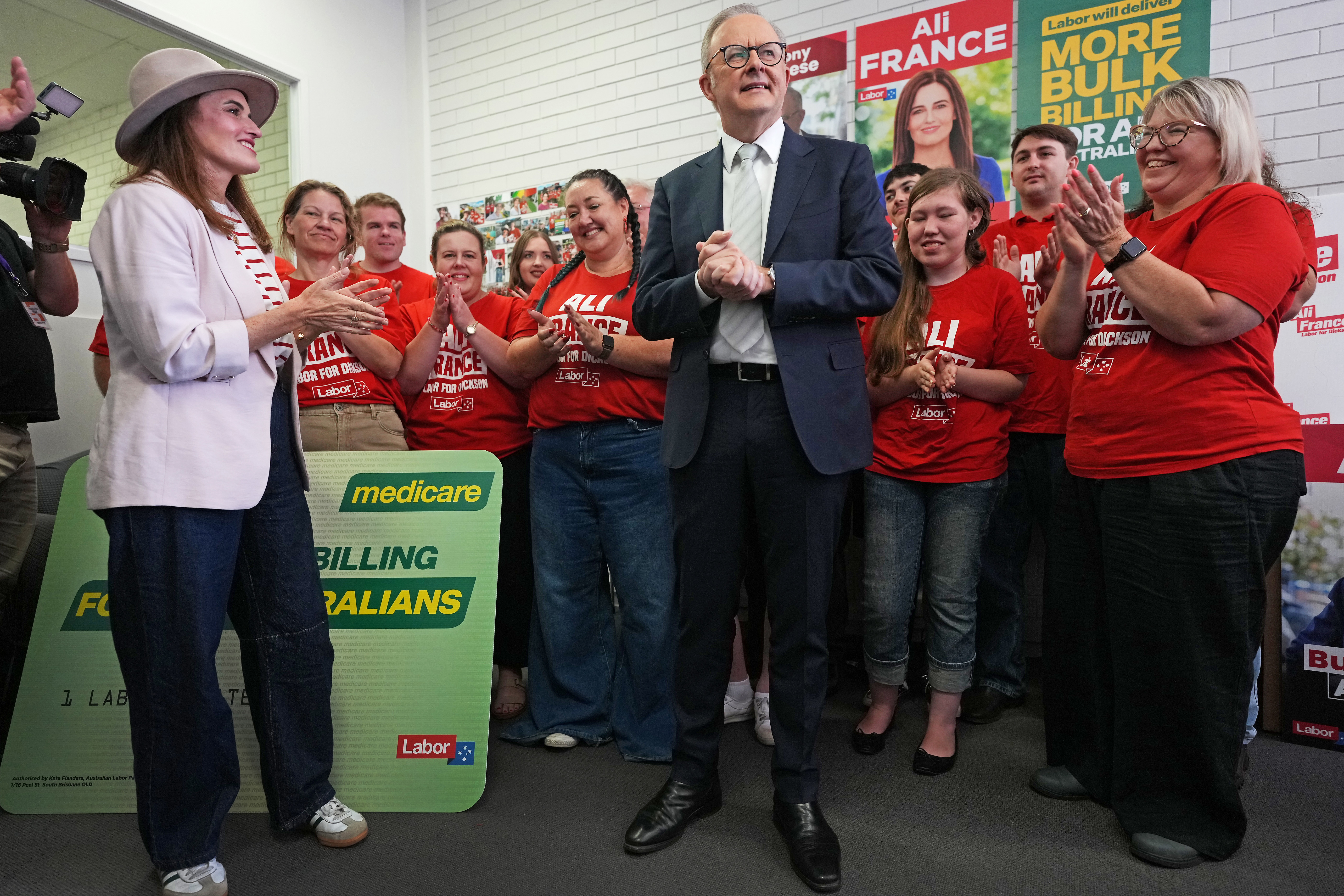 Australian Prime Minister Anthony Albanese alongside Labor's Candidate for Dickson, Ali France (L) visit a campaign office in the suburb of Strathpine on May 02, 2025 in Brisbane, Australia.