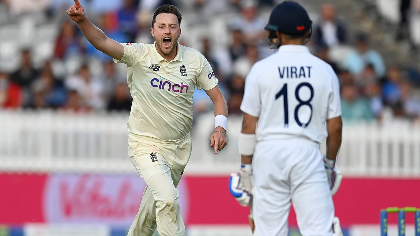 Ollie Robinson of England celebrates dismissing India captain Virat Kohli during day one of the Second Test Match between England and India at Lord's.