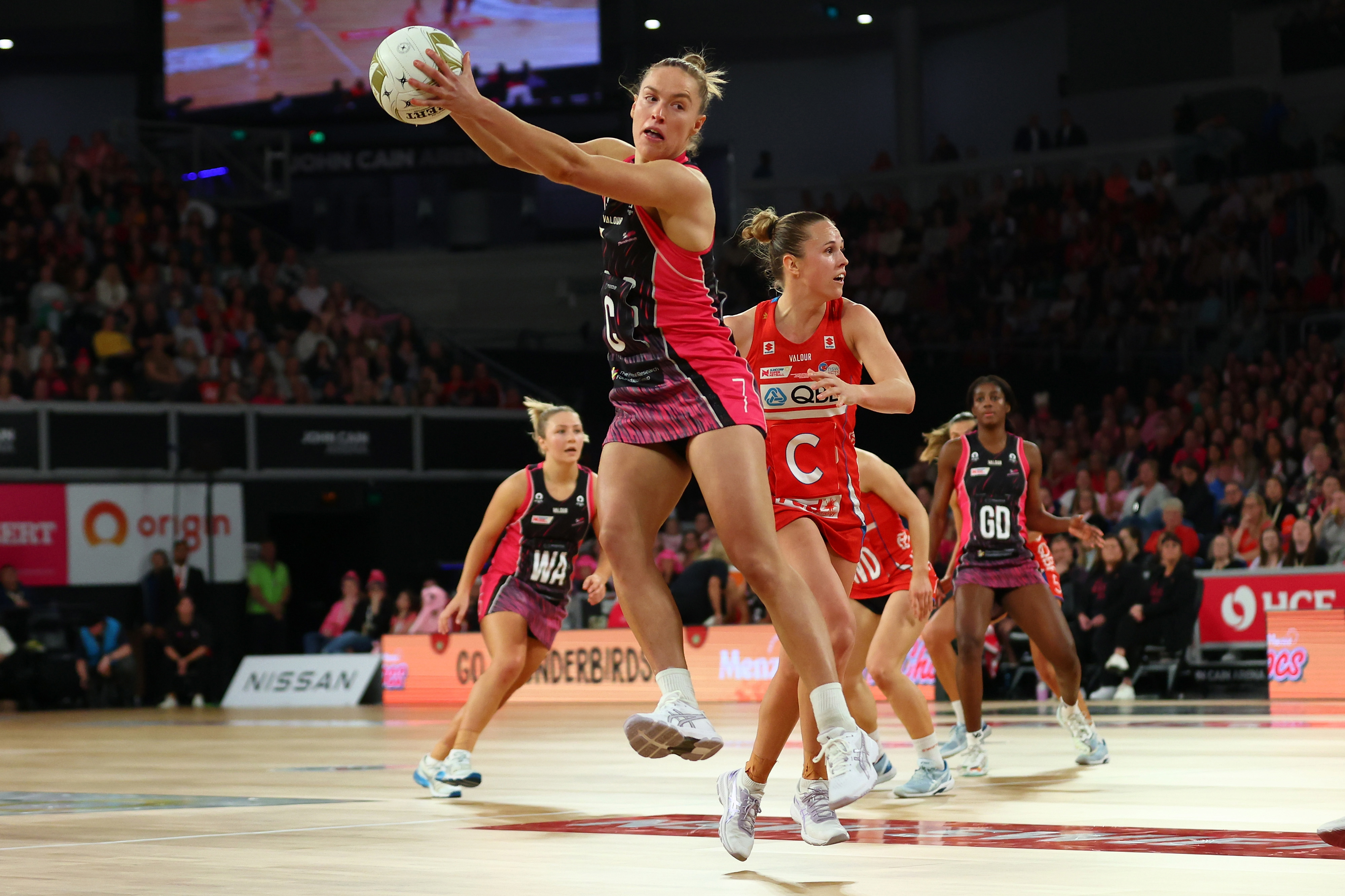 Hannah Petty of the Thunderbirds competes for the ball during the 2023 Super Netball grand final.