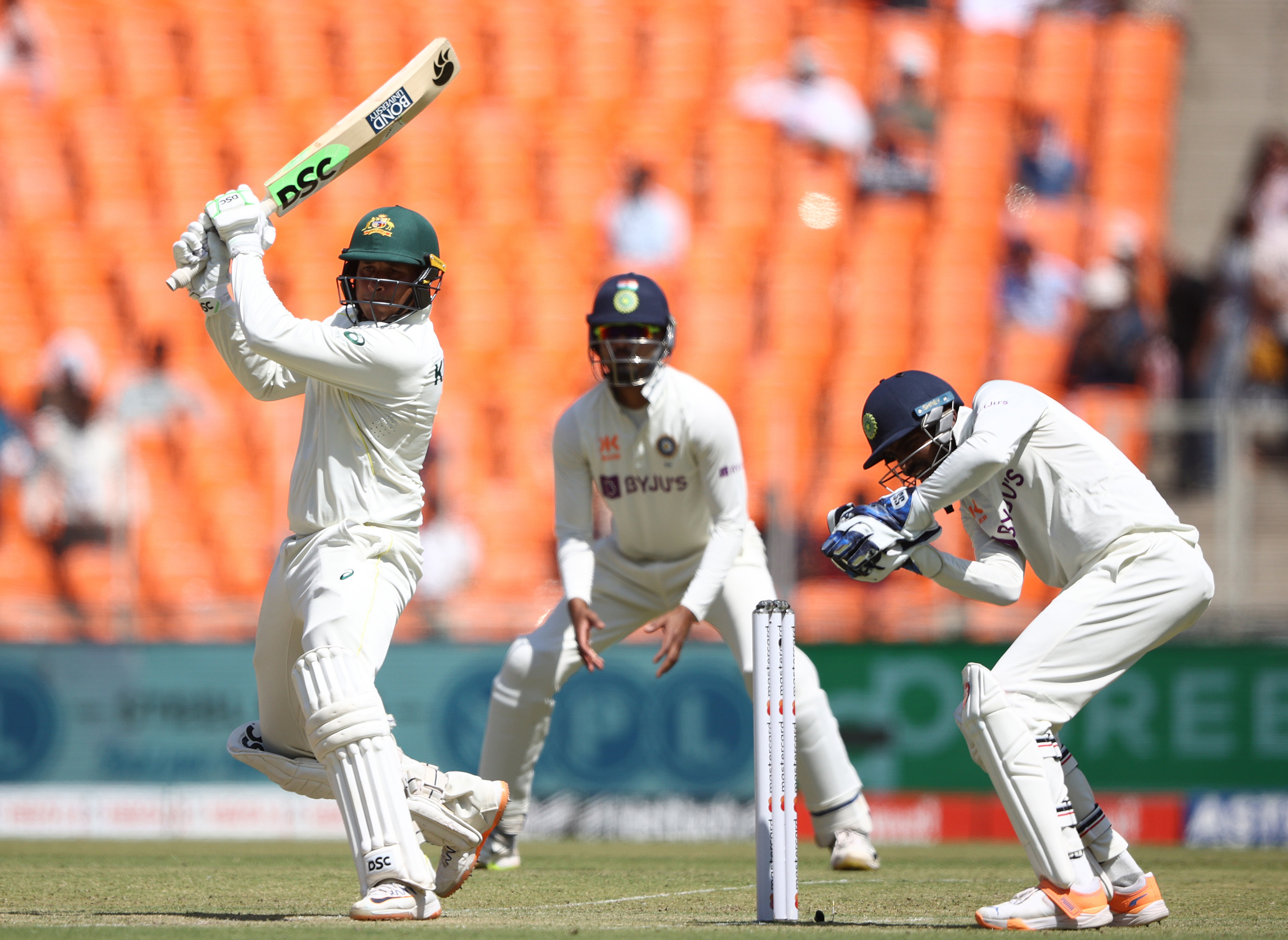 AHMEDABAD, INDIA - MARCH 09: Usman Khawaja of Australia bats during day one of the Fourth Test match in the series between India and Australia at Sardar Patel Stadium on March 09, 2023 in Ahmedabad, India. (Photo by Robert Cianflone/Getty Images)