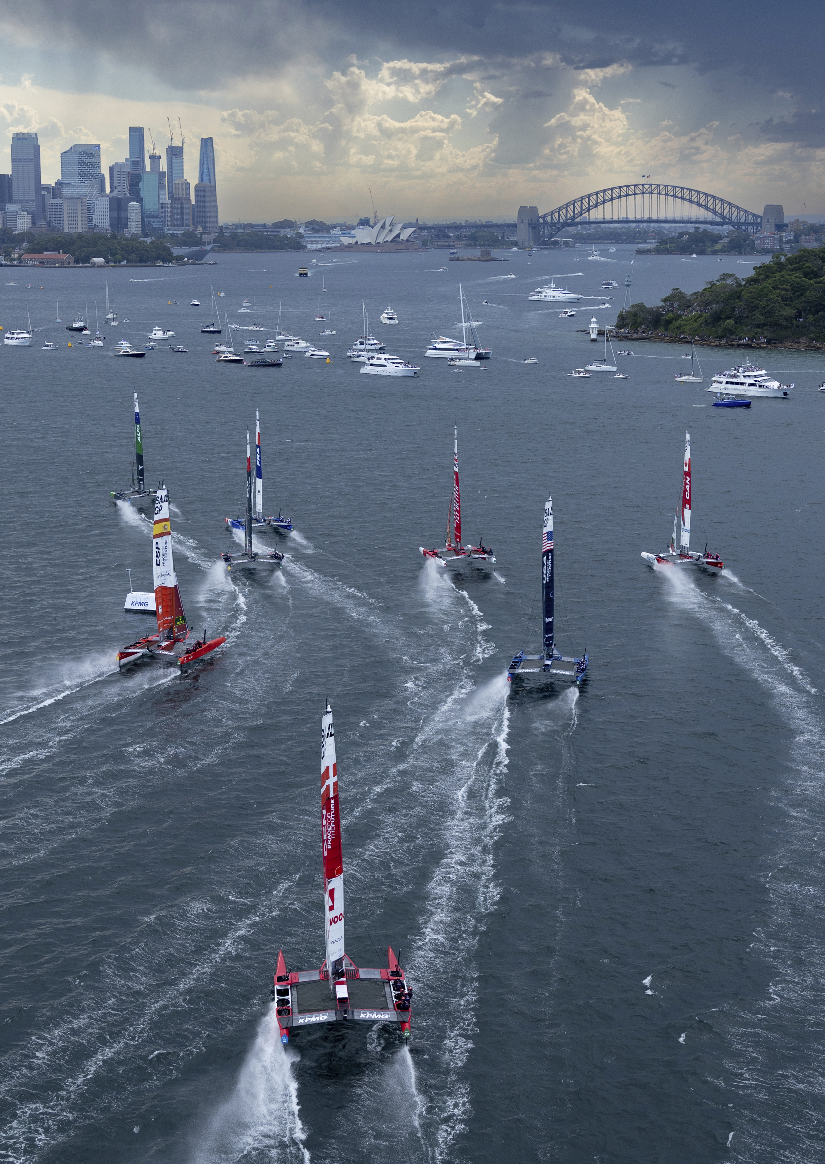 In this photo provided by SailGP teams compete on Sydney Harbour during race 1 of the Australia Sail Grand Prix in Sydney, Australia, Saturday Feb. 18, 2023. (Simon Bruty for SailGP via AP)
