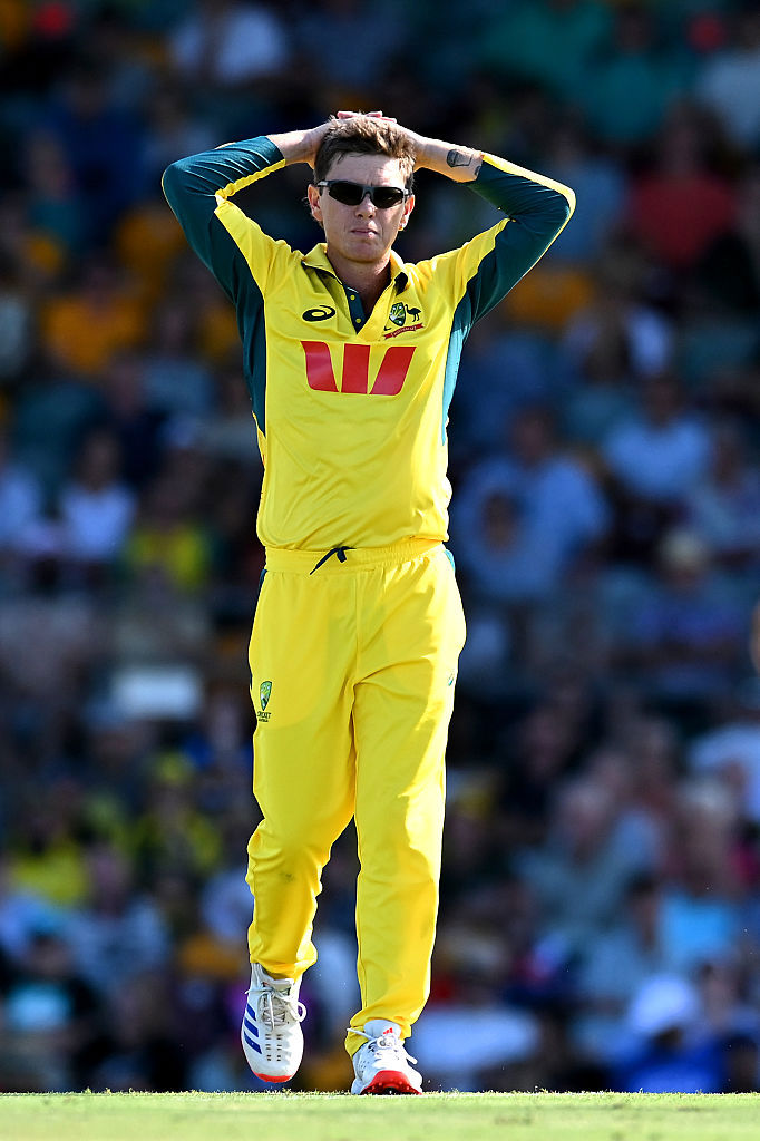 Adam Zampa of Australia reacts during game one of the One Day International series between Australia and South Africa.