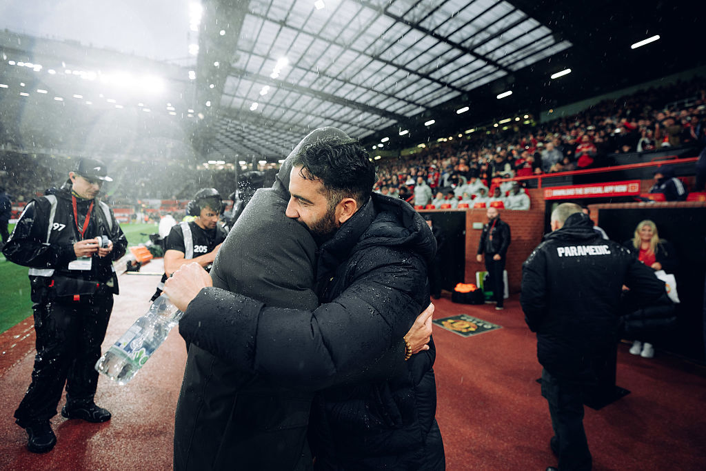Ruben Amorim and Enzo Maresca embrace. 