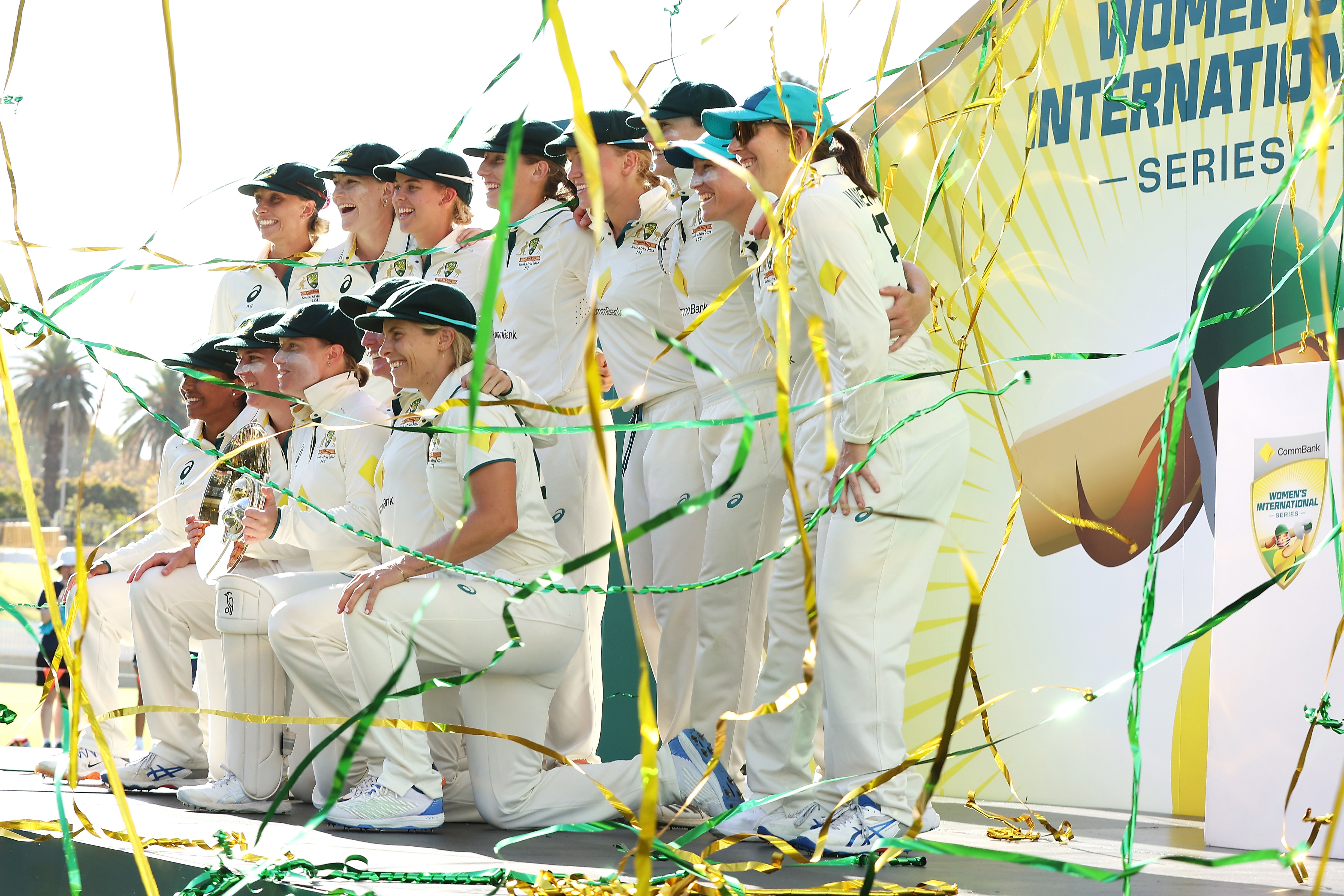 Australia celebrates with the trophy after a series victory on day three of the Women's Test Match between Australia and South Africa at WACA on February 17, 2024 in Perth, Australia. (Photo by Paul Kane/Getty Images)