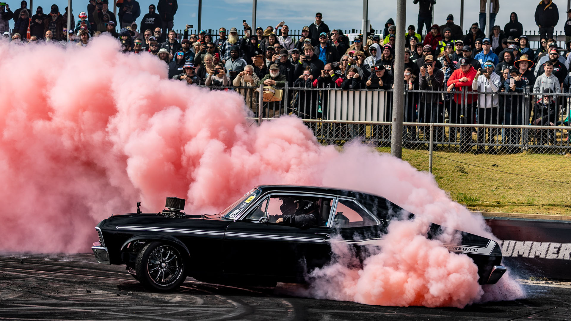 The smell of burnt rubber filled the Alice Springs Inland Dragway Burnout Pad as cars performed intricate burnouts. 